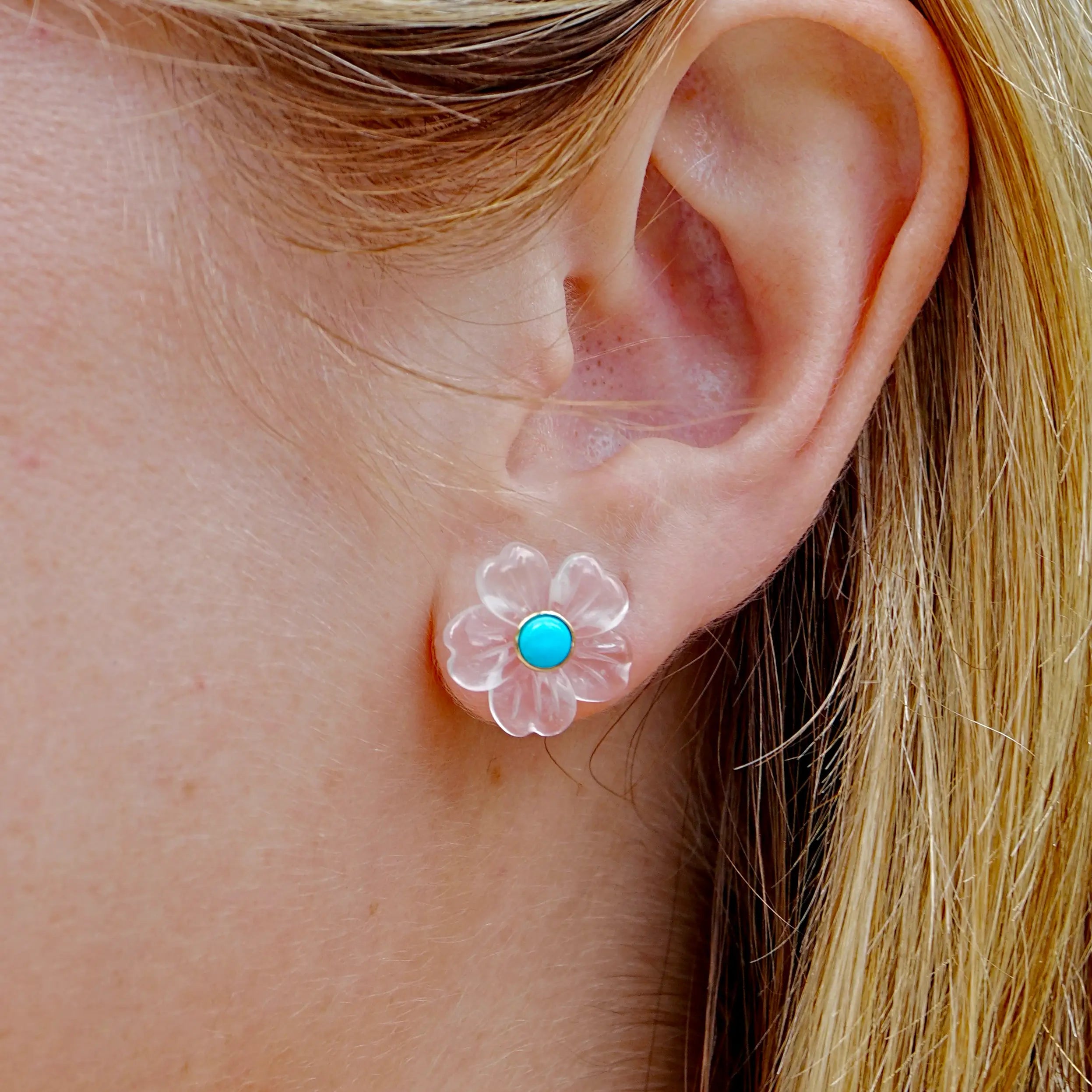 Tropical Blossom Natural Turquoise & Quartz Petal Earrings 14k yellow gold