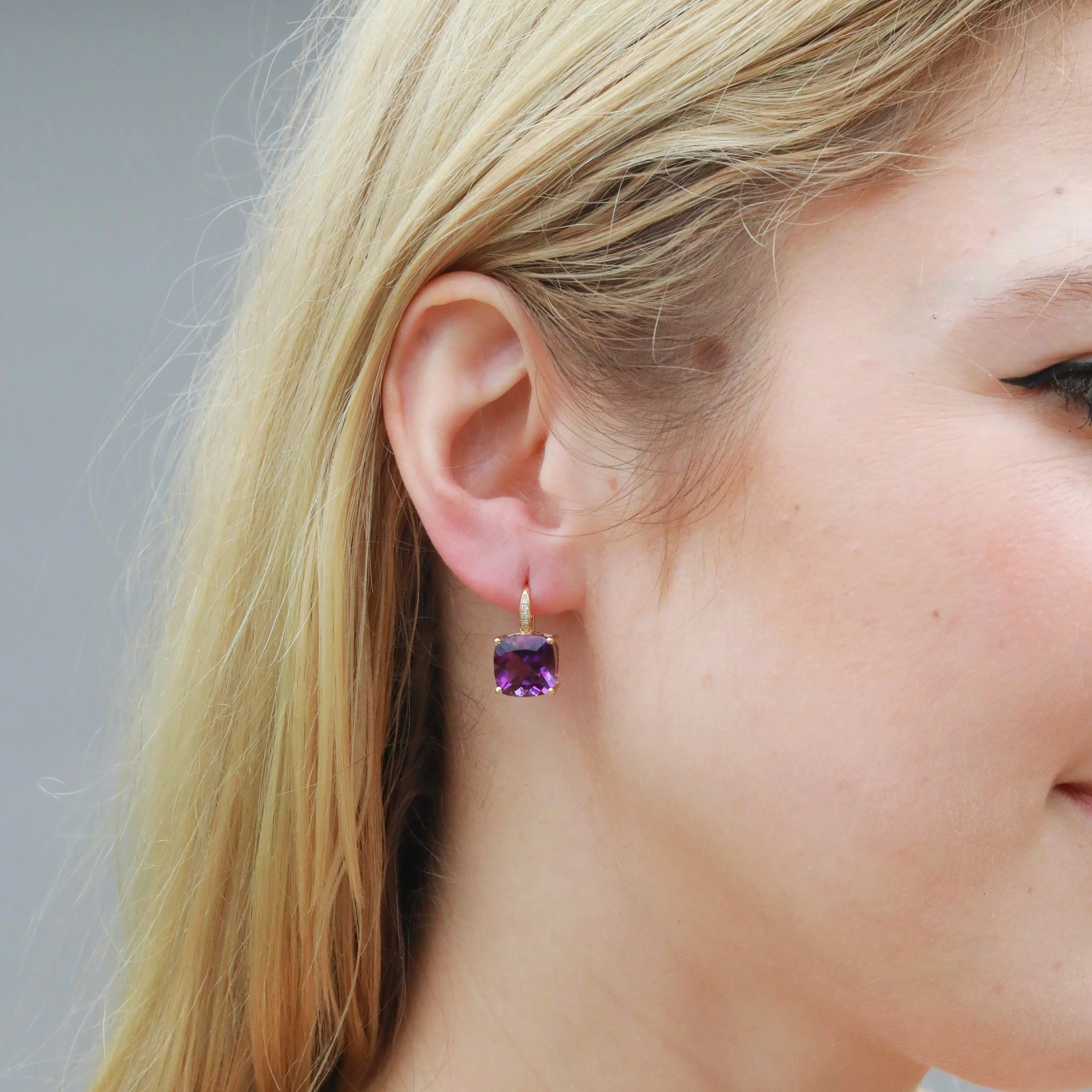 Radiant Cushion Amethyst Diamond Drop Earrings 14k yellow gold