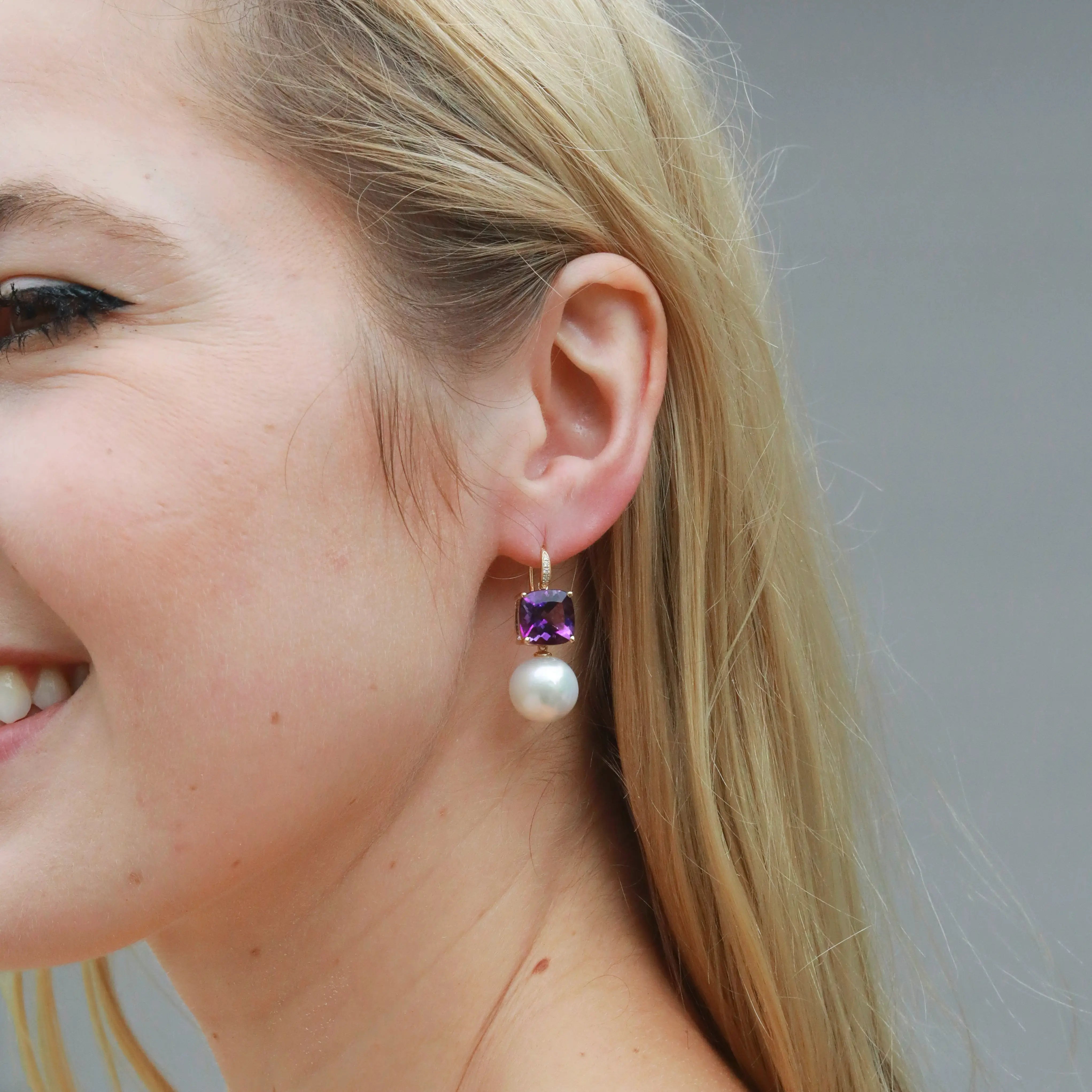 Radiant Cushion Amethyst Diamond Pearl Convertible Drop Earrings 14k yellow gold