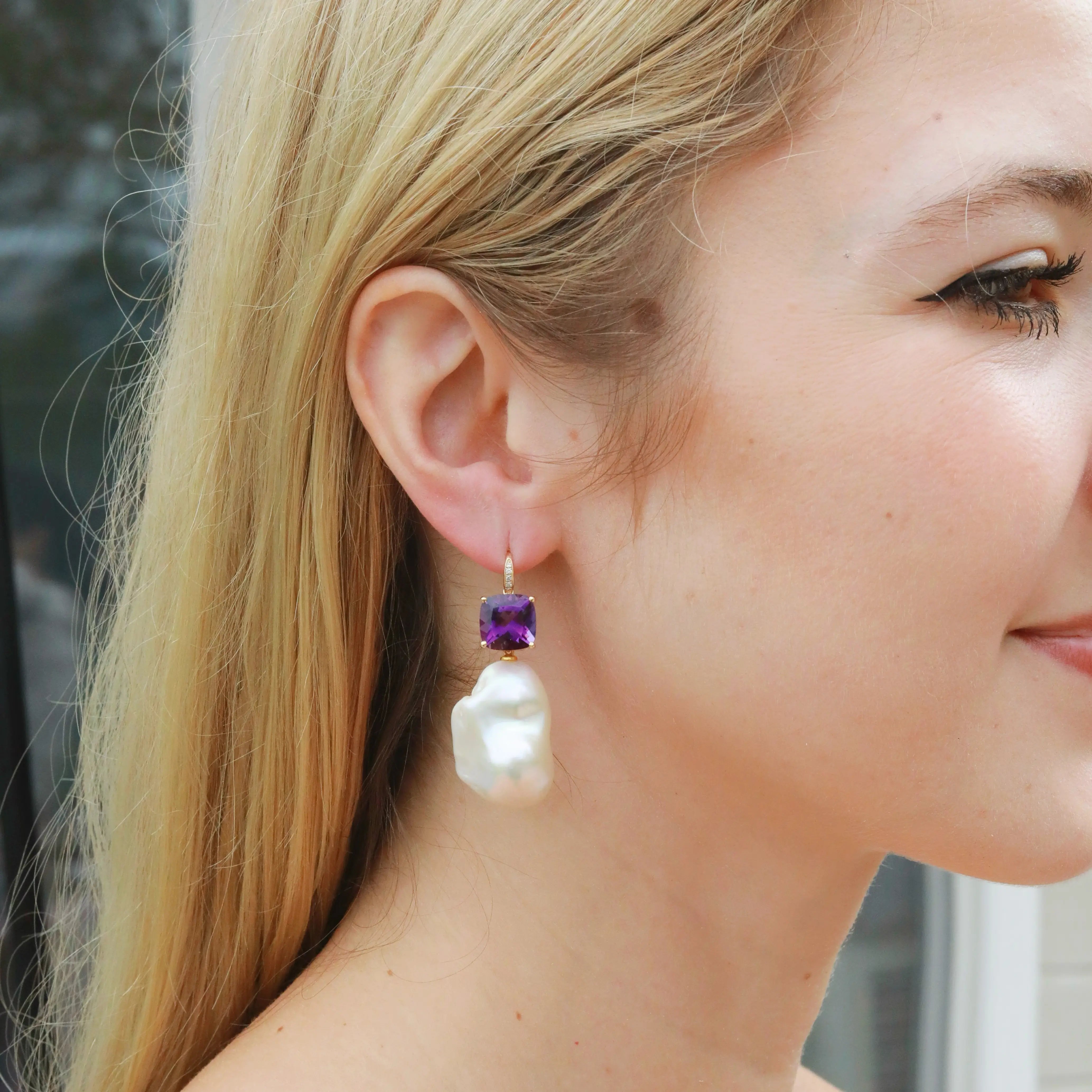 Radiant Cushion Amethyst Diamond Baroque Pearl Convertible Drop Earrings 14k yellow gold