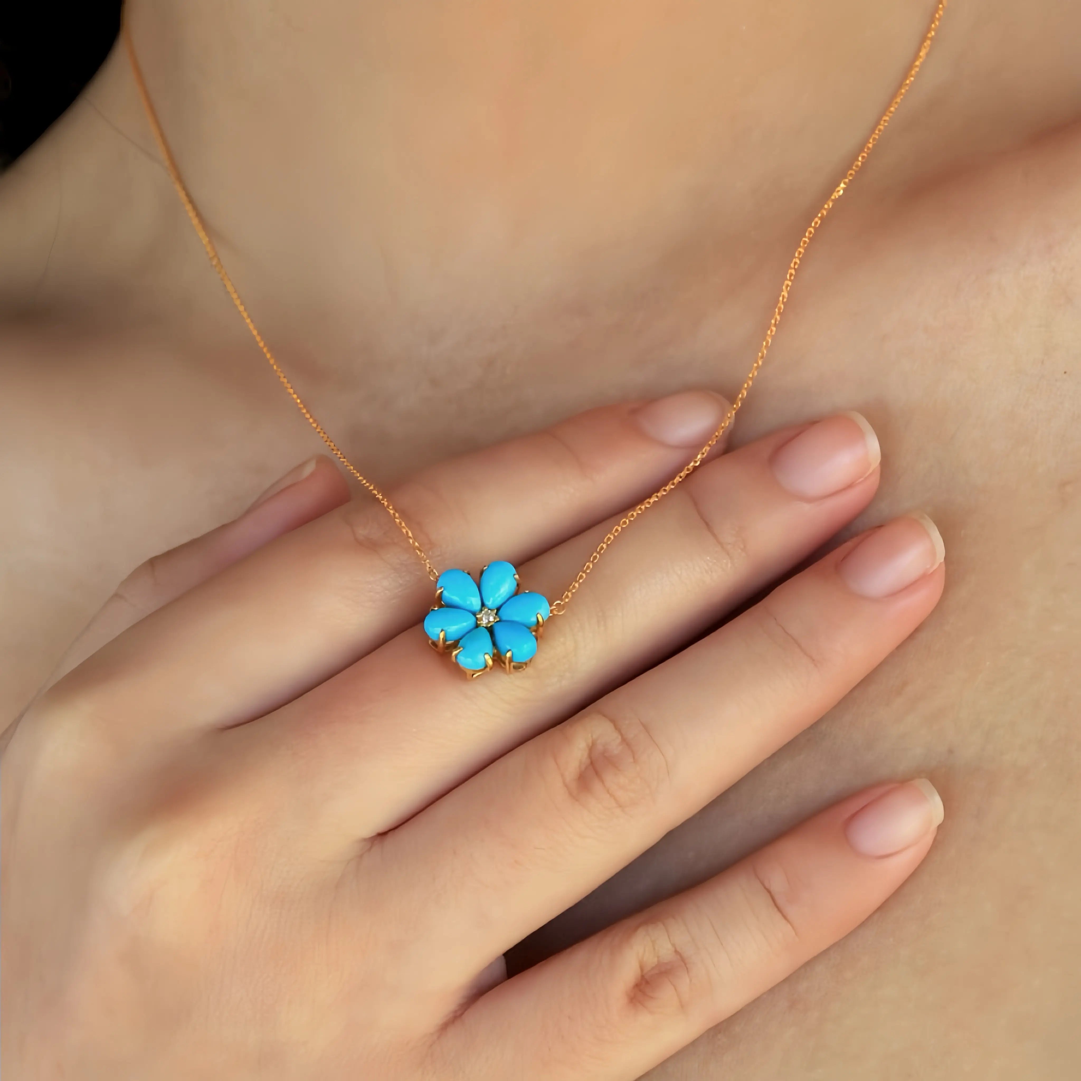 Flora Natural Sleeping Beauty Turquoise Diamond Necklace in 14k gold 