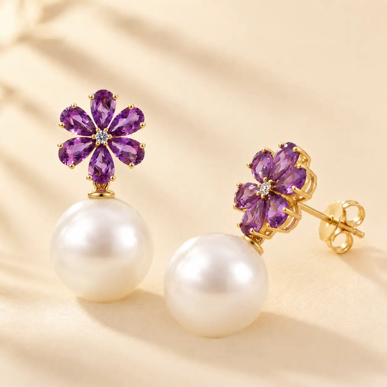 Flora Amethyst Diamond Pearl Convertible Drop Earrings