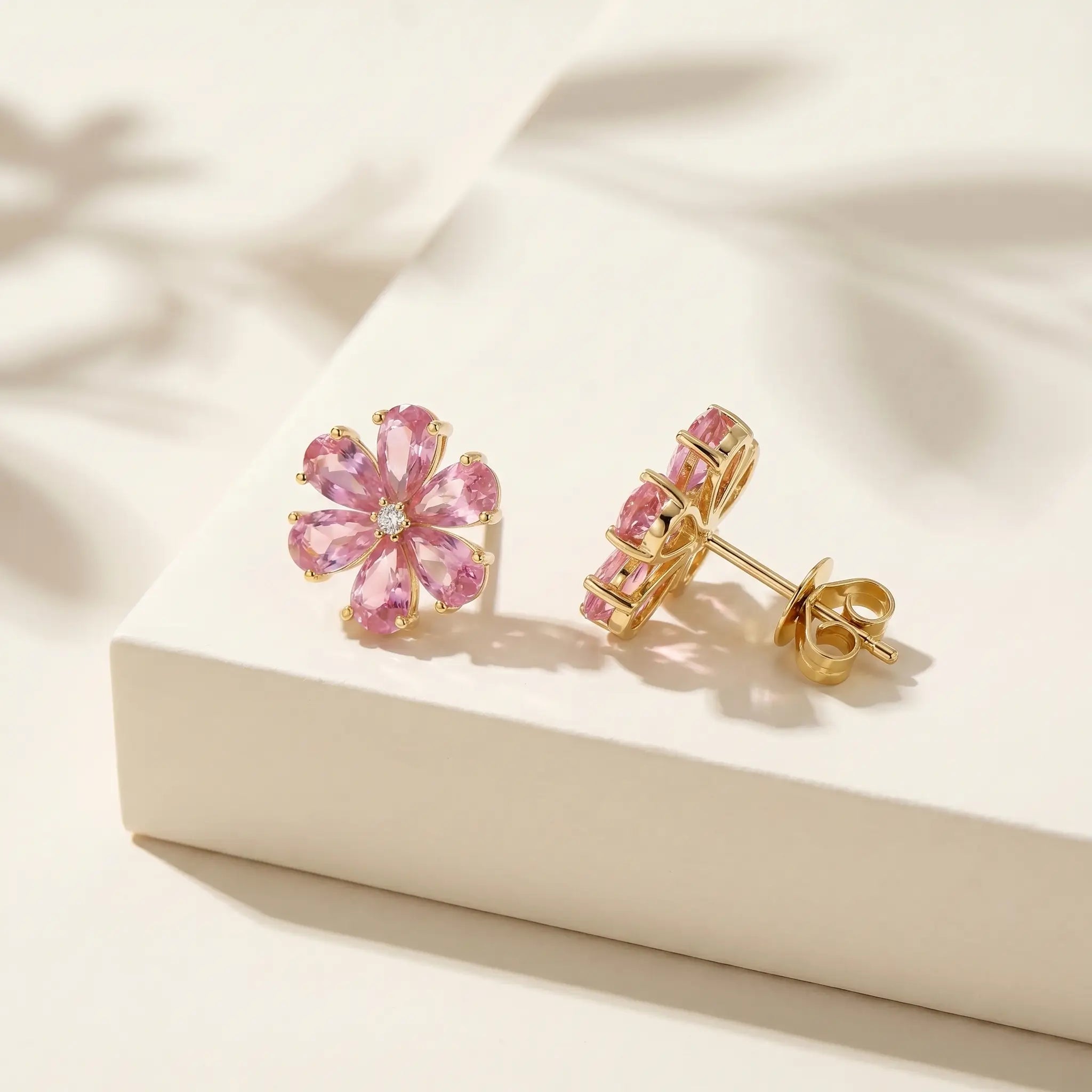 Flora Blossom Natural Pink Tourmaline Diamond Earrings in 14k yellow gold