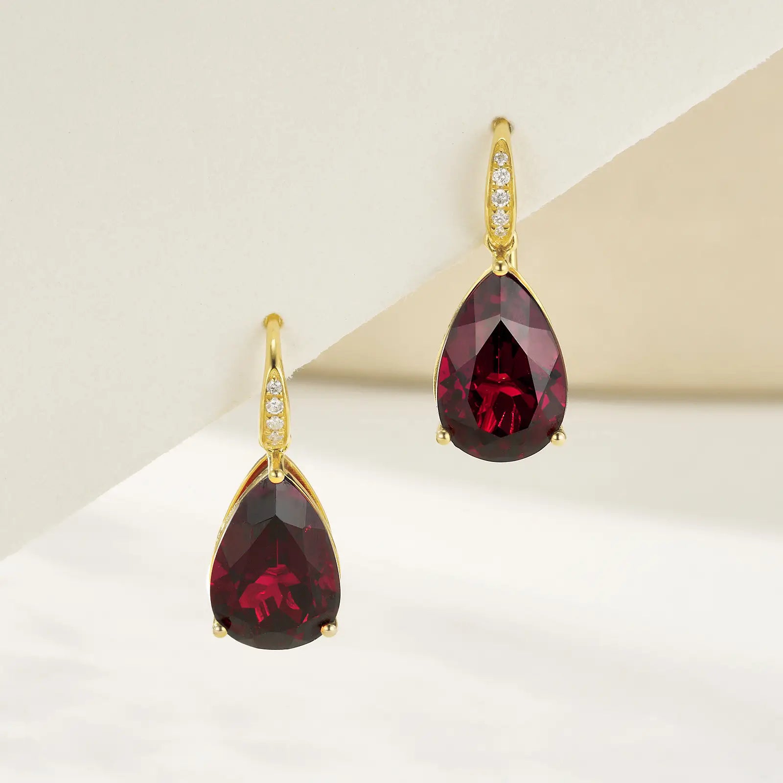 14k gold Radiant Natural Pear Garnet Diamond Drop Earrings