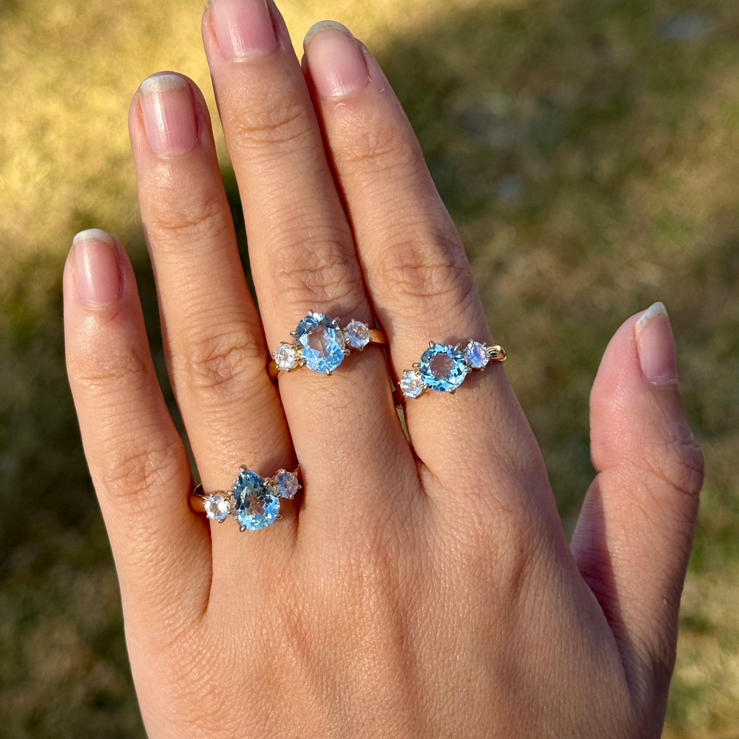 Evelyn Round Aquamarine Moonstone Three-stone Ring
