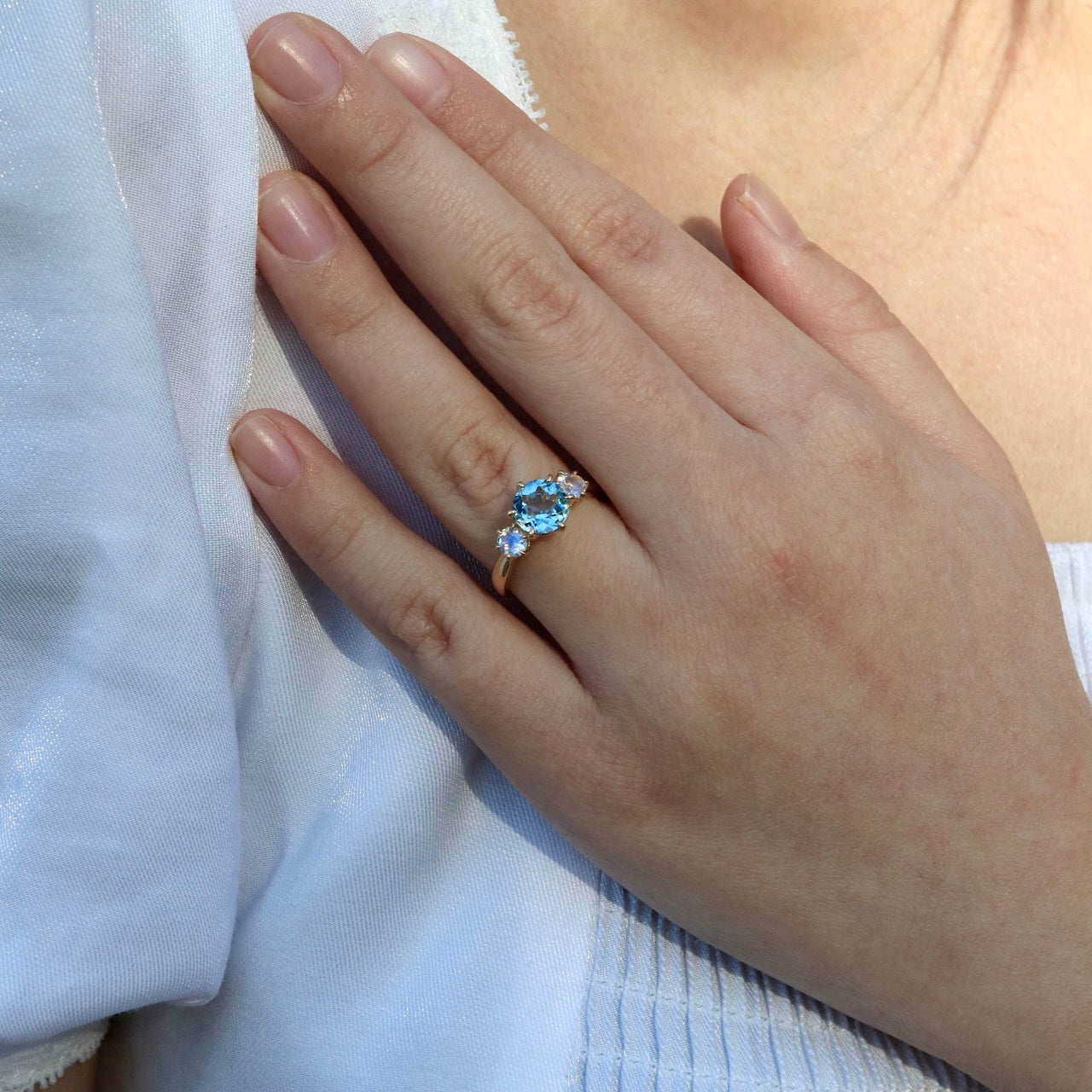Evelyn Round Aquamarine Moonstone Three-stone Ring