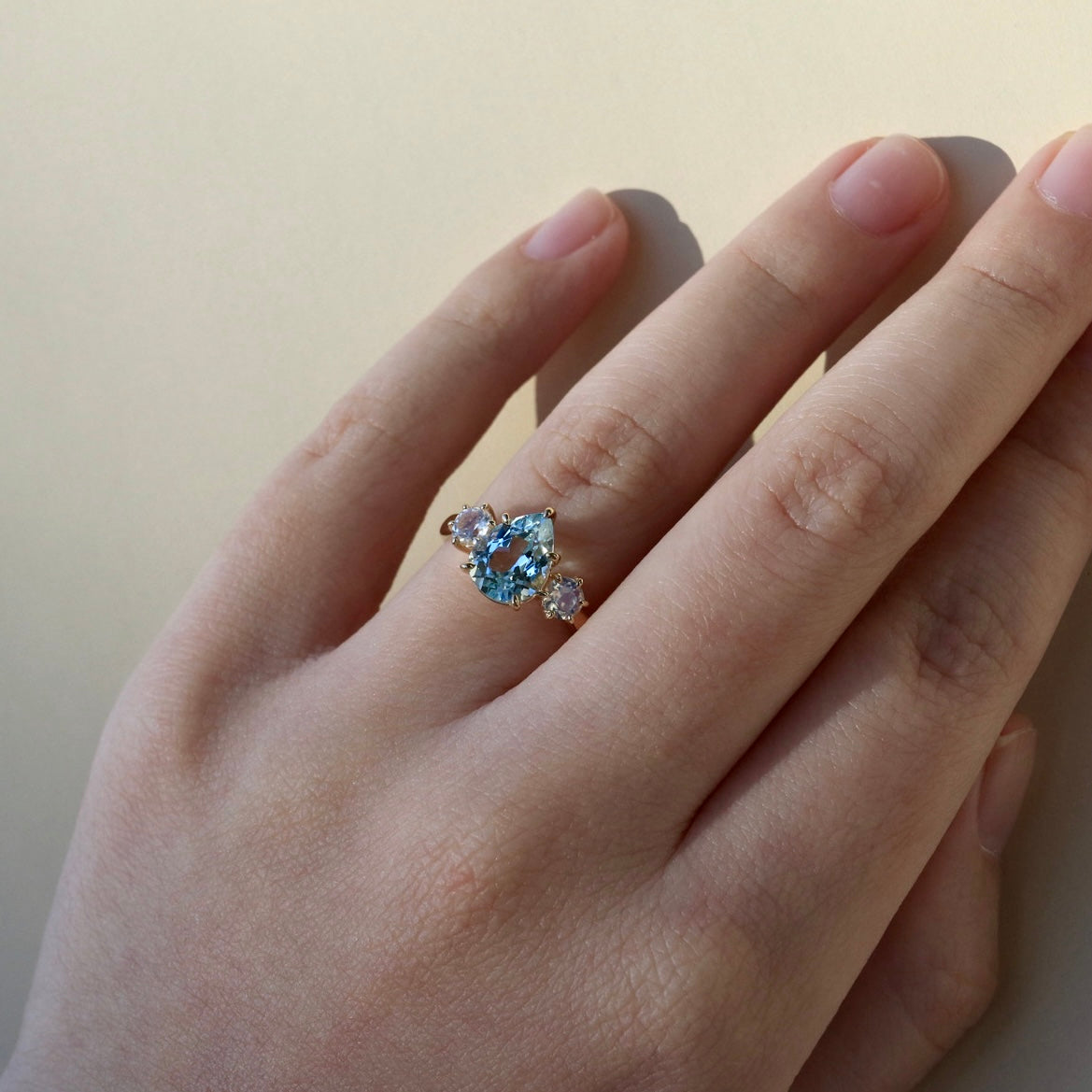 Evelyn Pear Aquamarine Moonstone Three-stone Ring