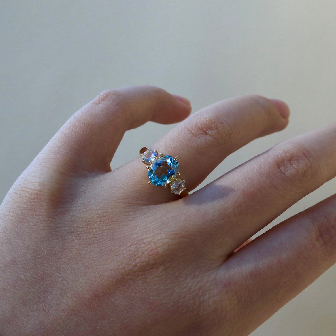 Evelyn Oval Aquamarine Moonstone Three-stone Ring