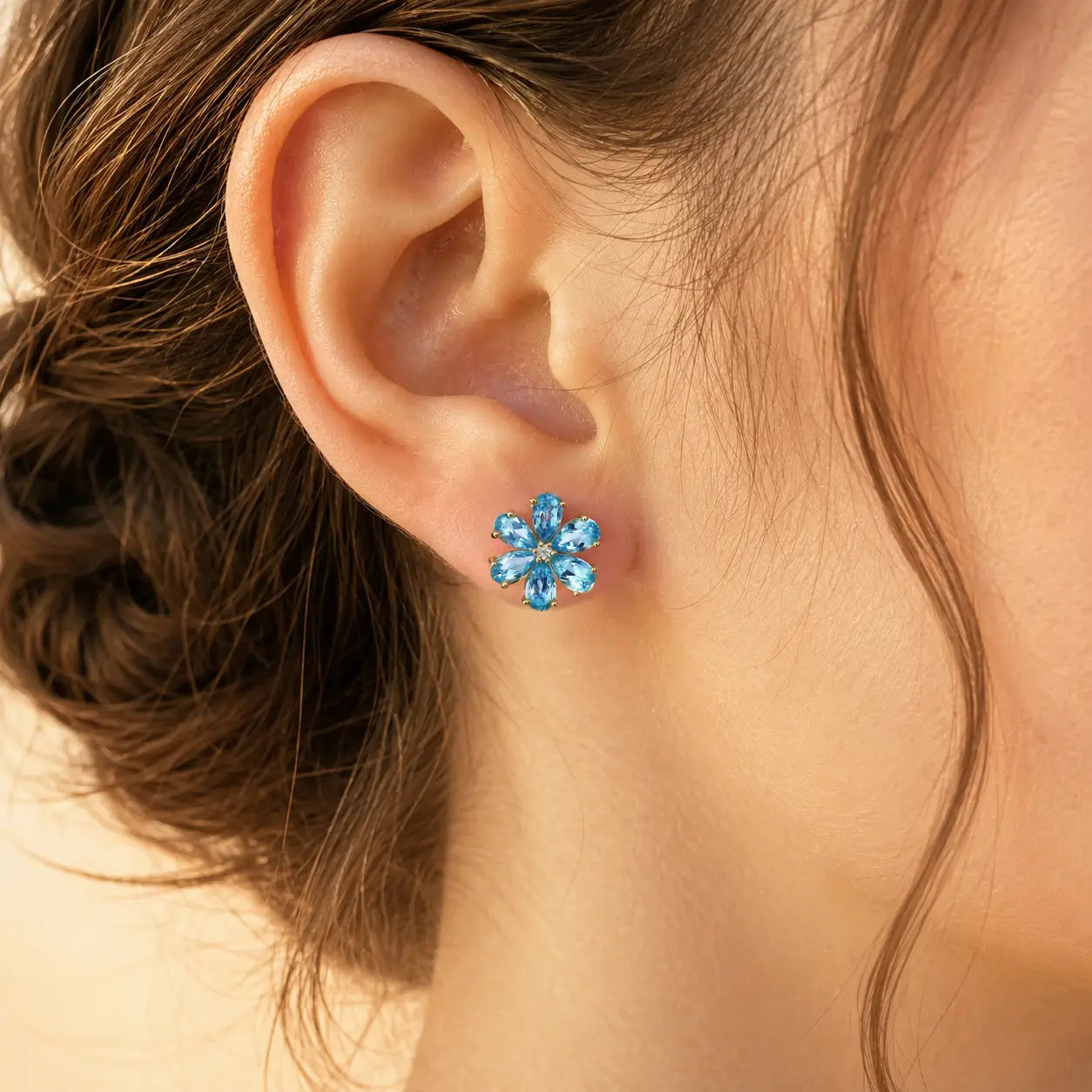 Flora Natural blue Topaz Diamond Earrings in 14k yellow gold