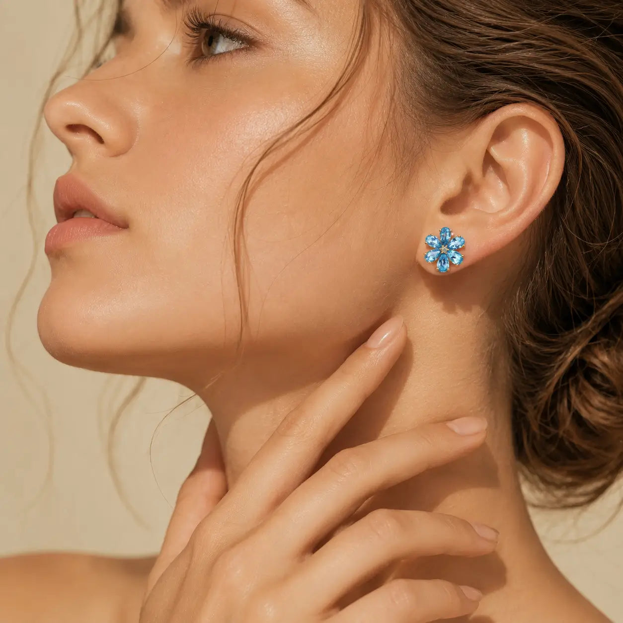Flora Natural blue Topaz Diamond Earrings in 14k yellow gold