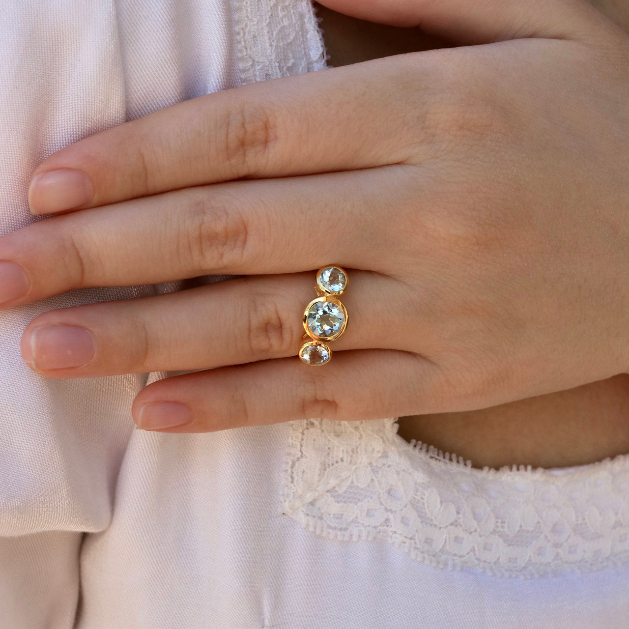 Trinity Round Aquamarine Three-stone Ring