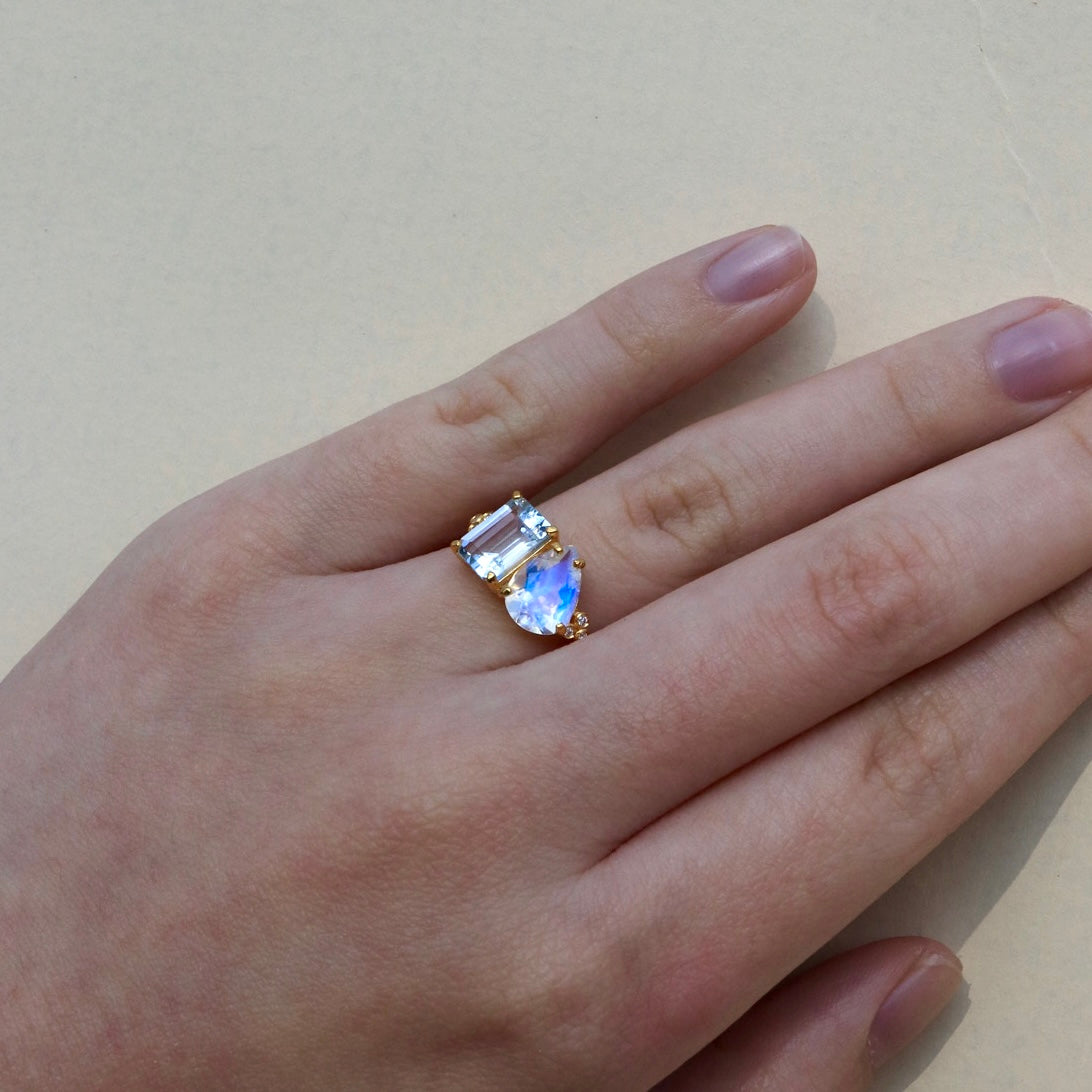 Fortune Aquamarine Moonstone Diamond Toi et Moi Ring