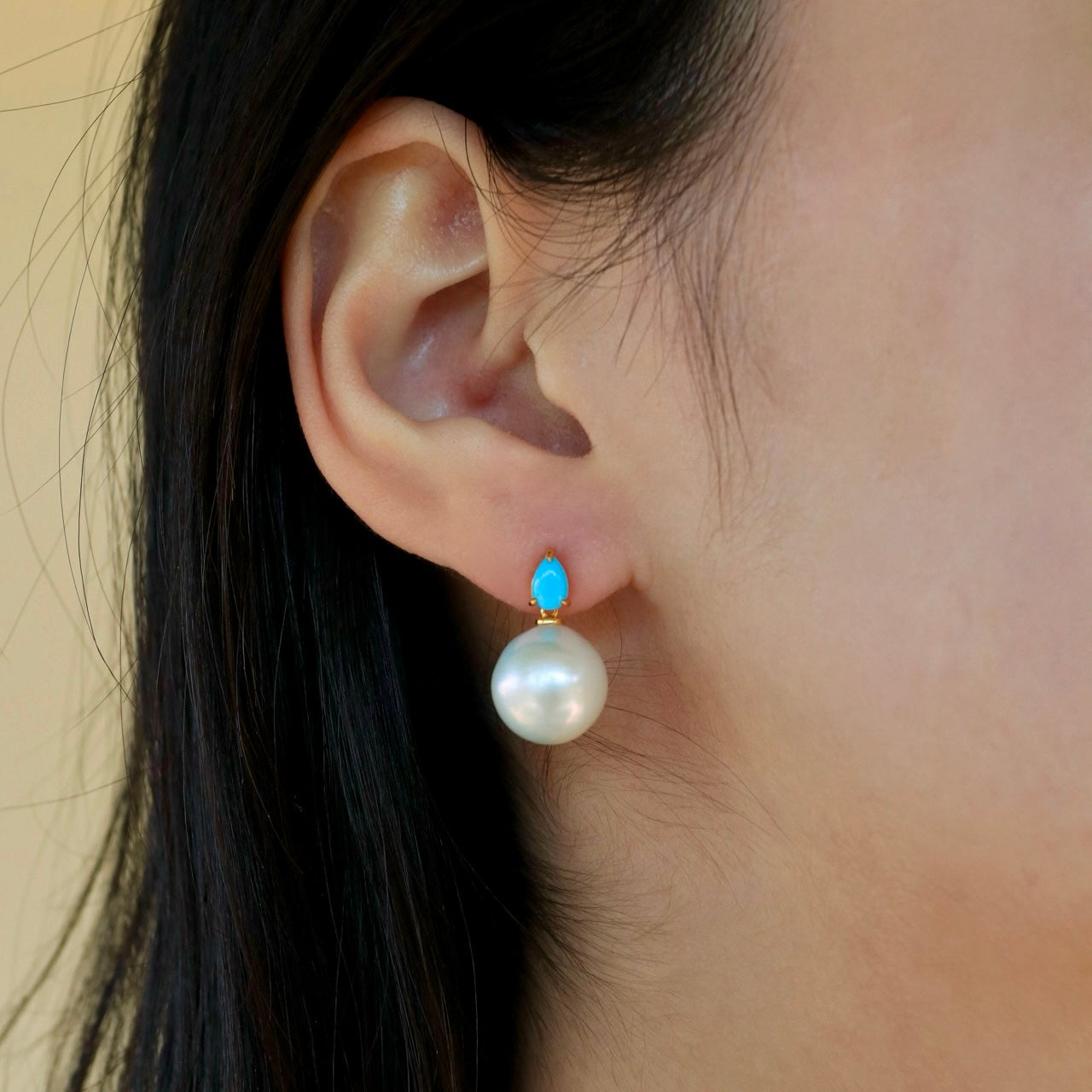 Venus Tears Turquoise 12-13mm cultured Round Pearl Convertible Drop Earrings 14k yellow gold