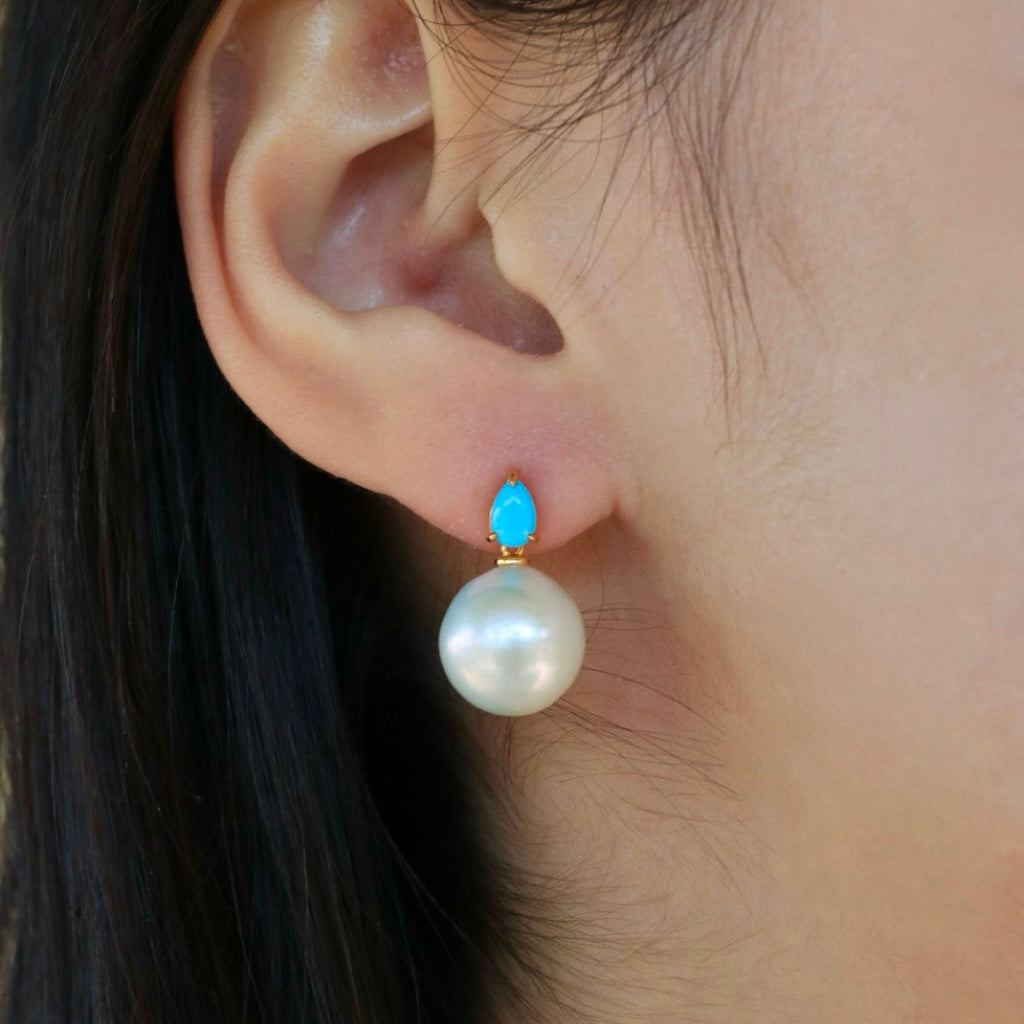 Venus Tears Turquoise 12-13mm cultured Round Pearl Convertible Drop Earrings 14k yellow gold