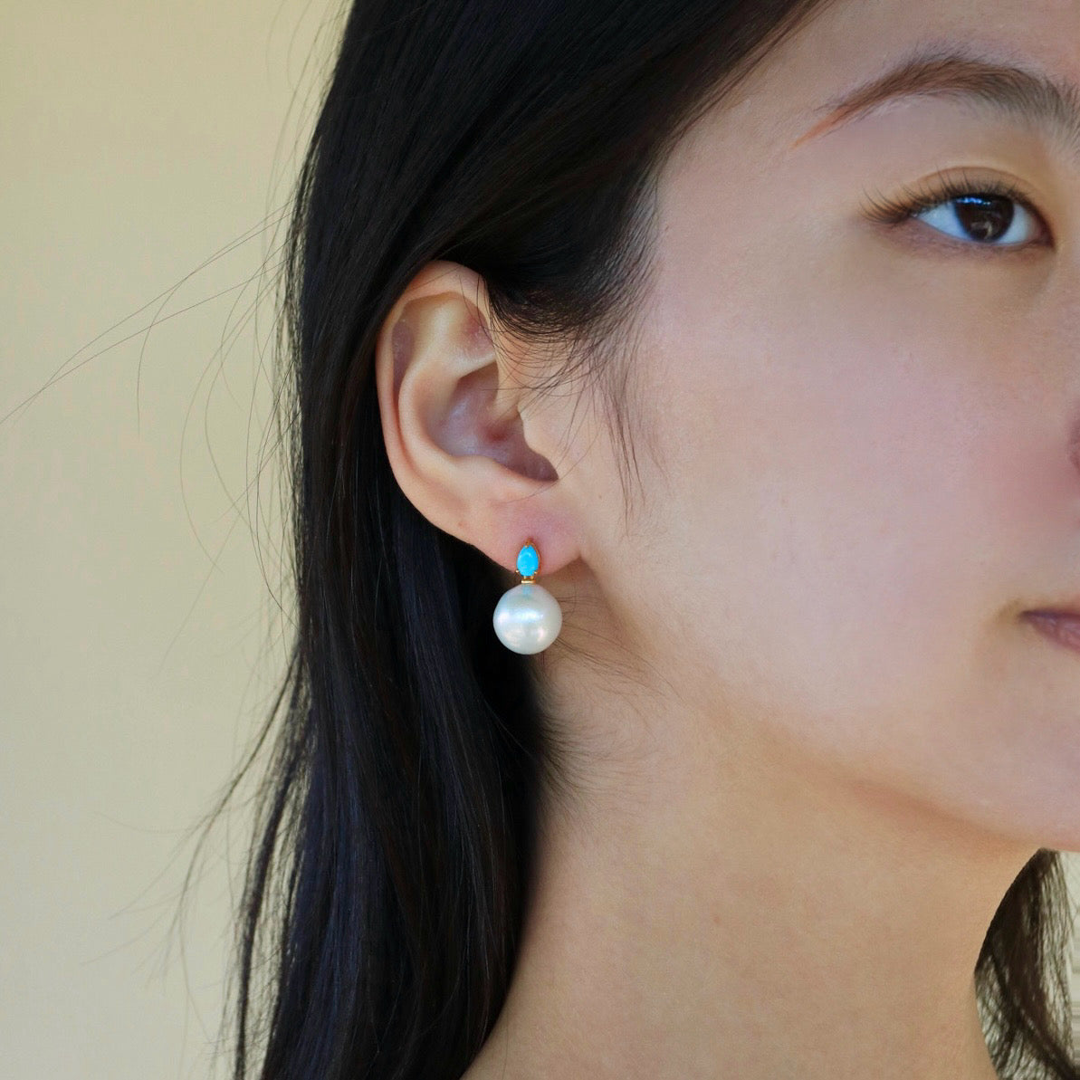 Venus Tears Turquoise 12-13mm cultured Round Pearl Convertible Drop Earrings 14k yellow gold