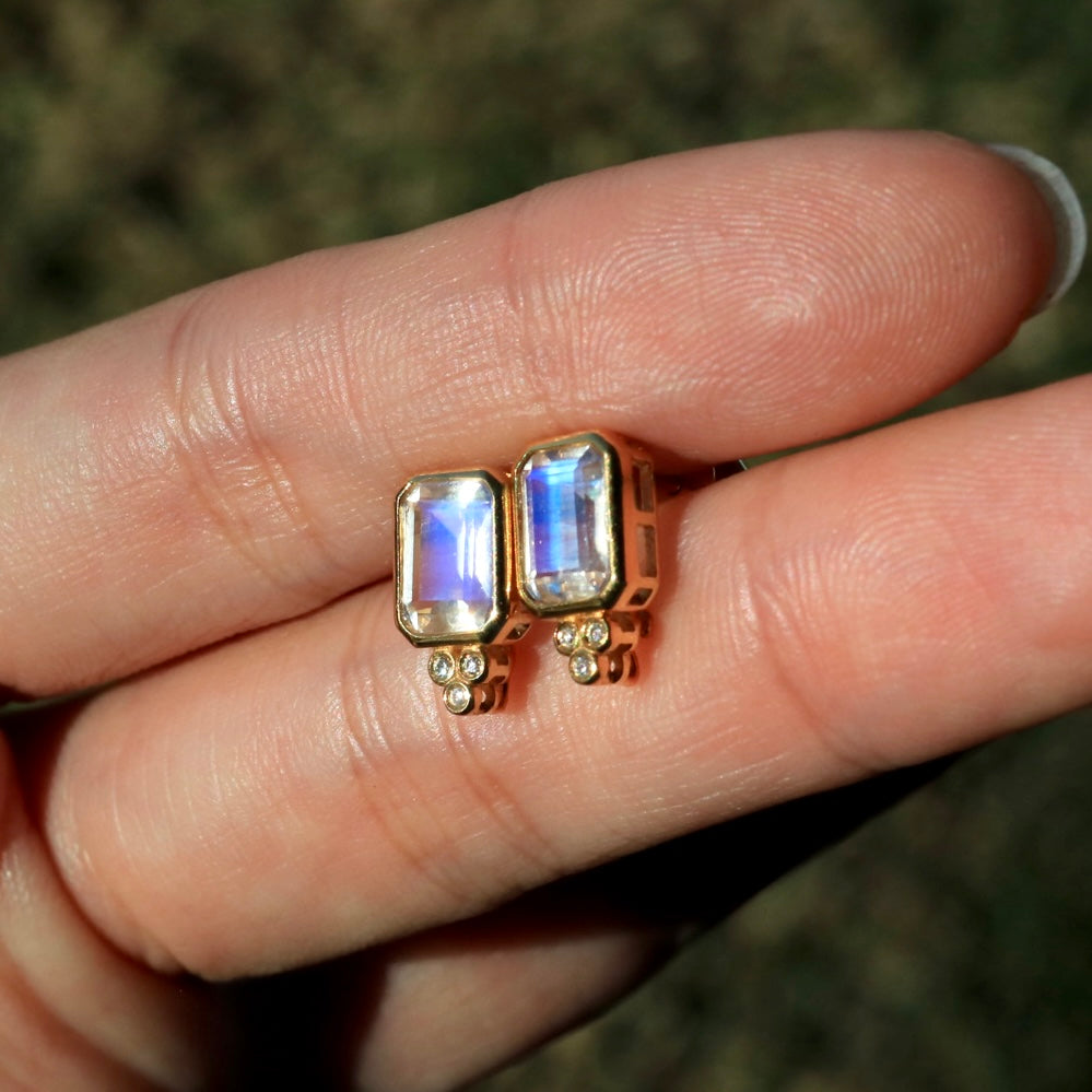 Ayla Emerald-Cut Moonstone Diamond Pearl Convertible Drop Earrings