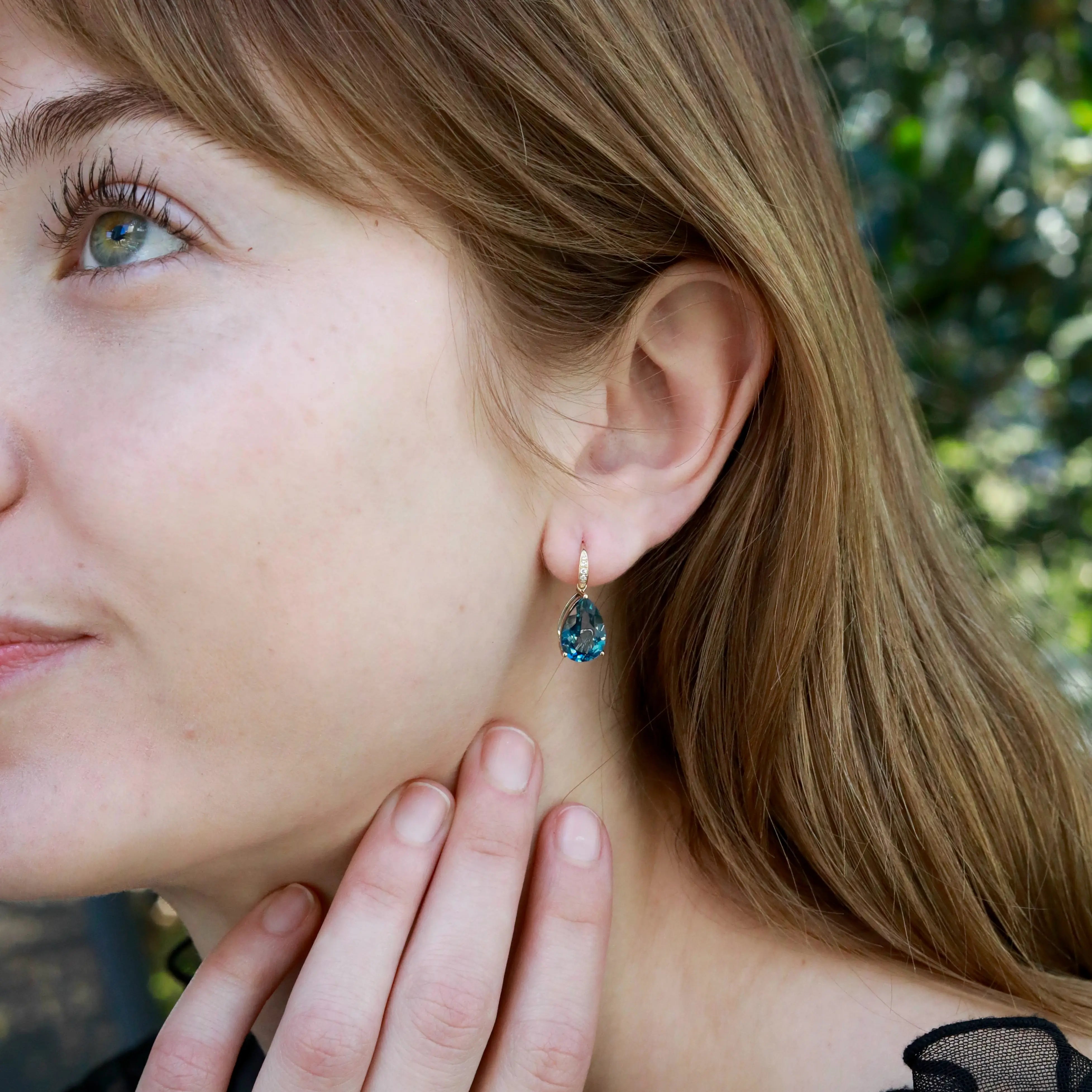 14k Gold Radiant Pear Natural London Blue Topaz Diamond Drop Earrings