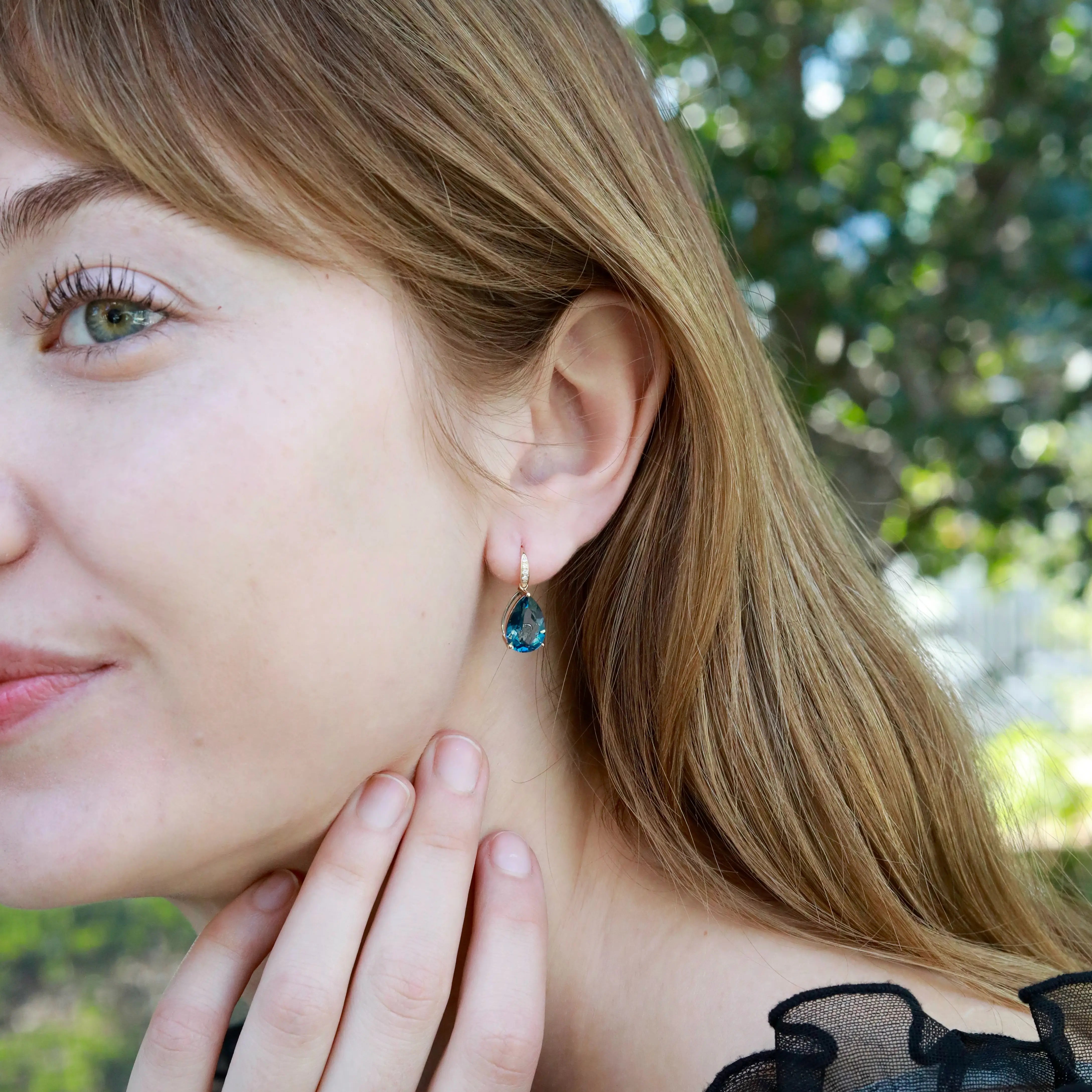 14k Gold Radiant Pear Natural London Blue Topaz Diamond Drop Earrings