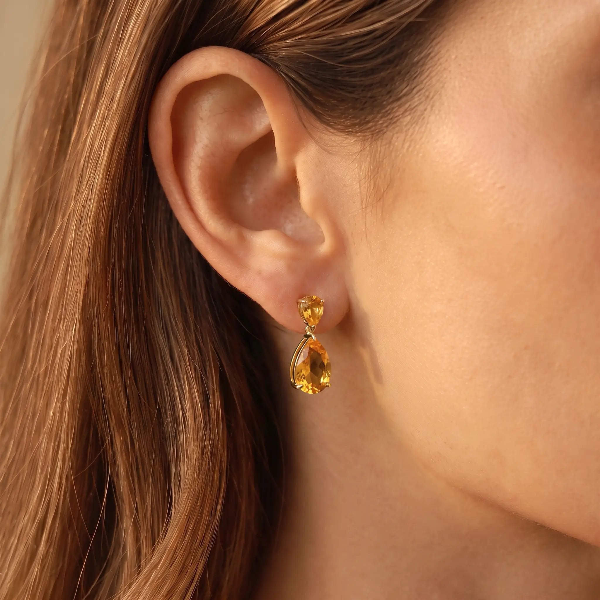 Duet Natural 7.20ctw Pear Citrine Drop Earrings in 14k yellow gold