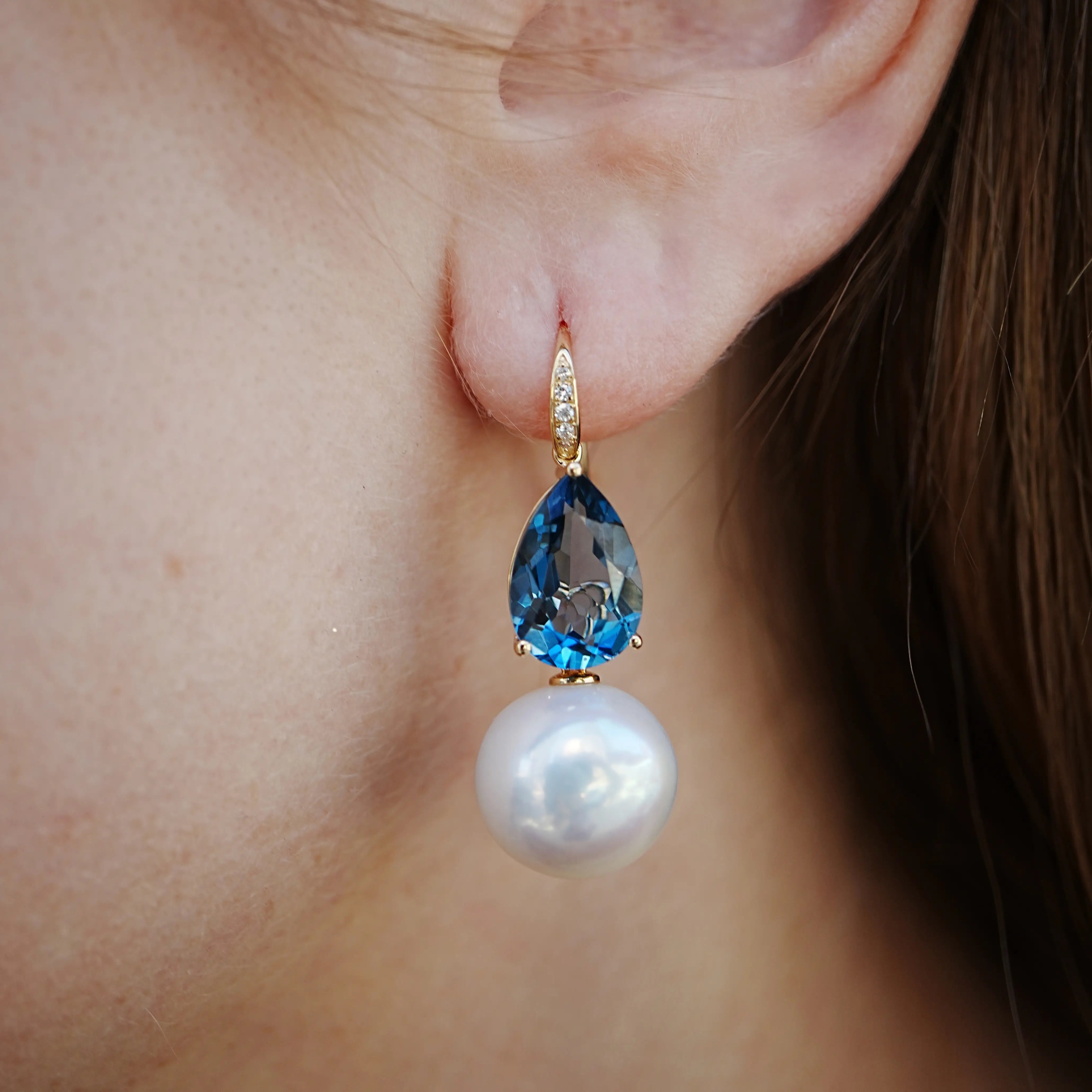 14k Gold Radiant Pear Natural London Blue Topaz Diamond Freshwater Pear;s Drop Earrings