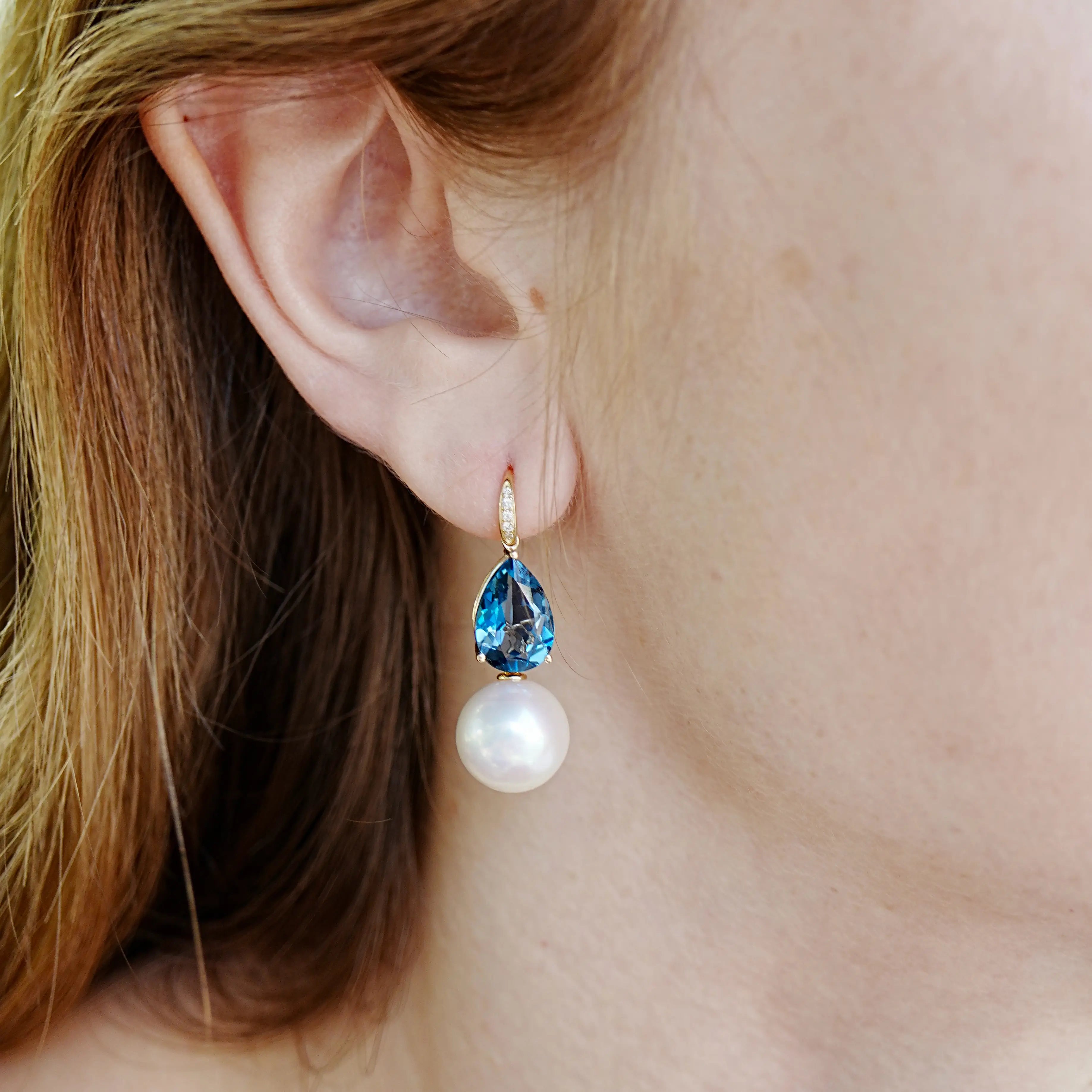 14k Gold Radiant Pear Natural London Blue Topaz Diamond Freshwater Pear;s Drop Earrings