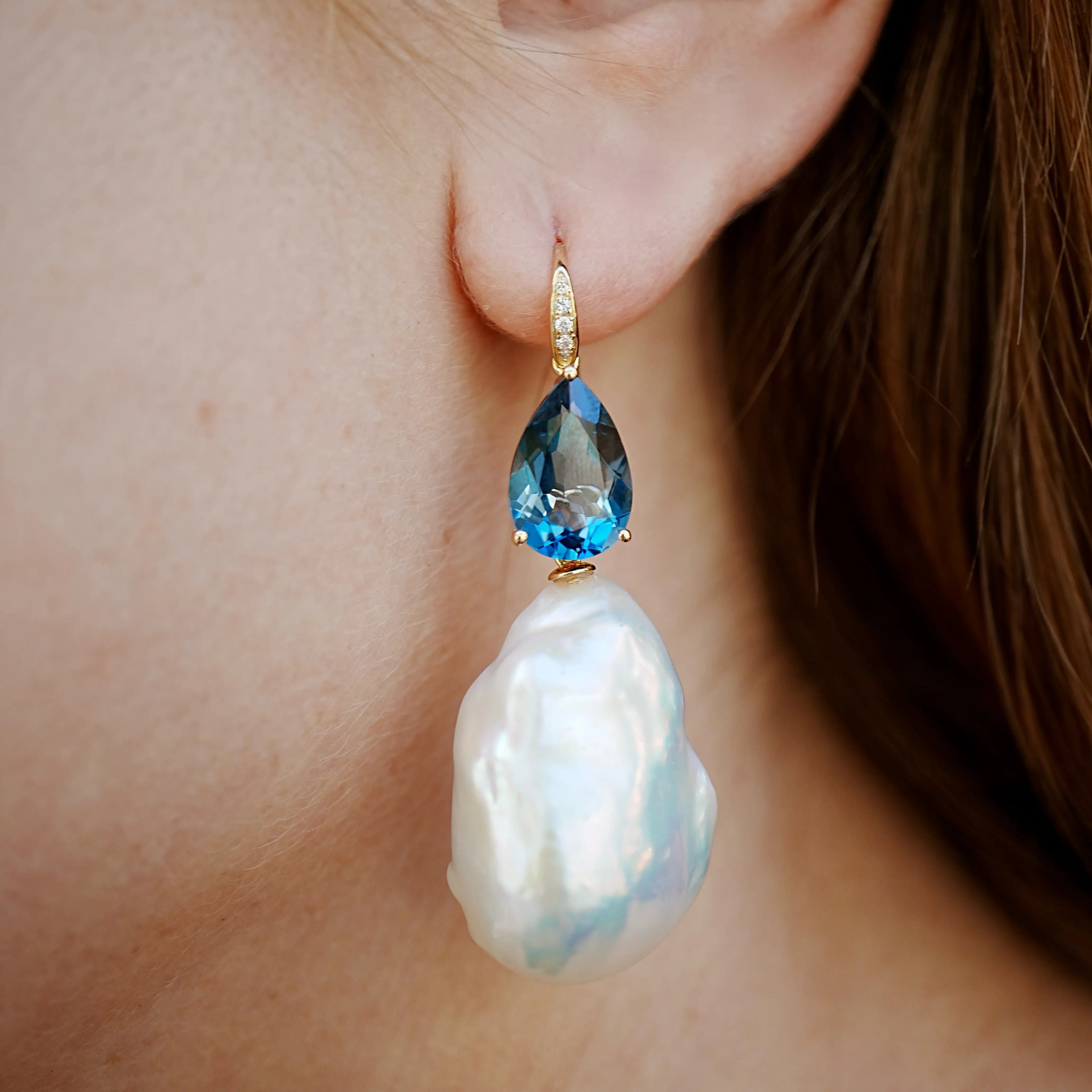 14k Gold Radiant Pear Natural London Blue Topaz Diamond Baroque Pearls Drop Earrings