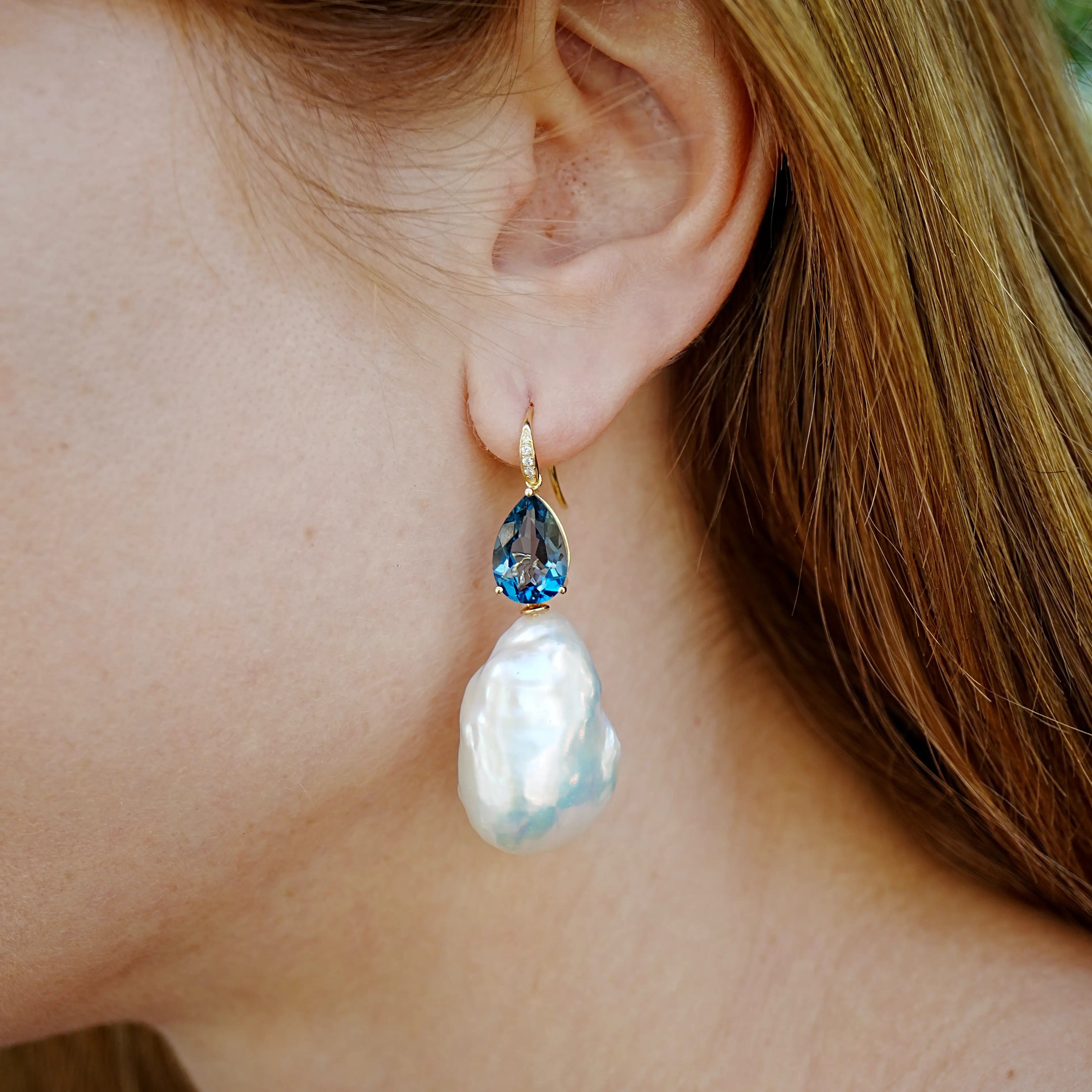 14k Gold Radiant Pear Natural London Blue Topaz Diamond Baroque Pearls Drop Earrings