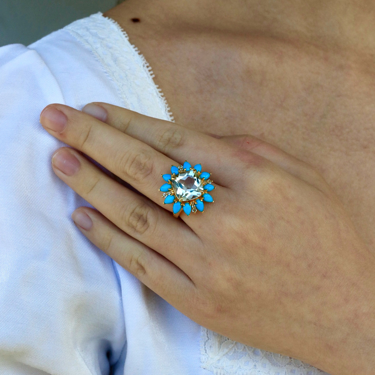 Prasiolite Turquoise Aquamarine Cocktail Ring