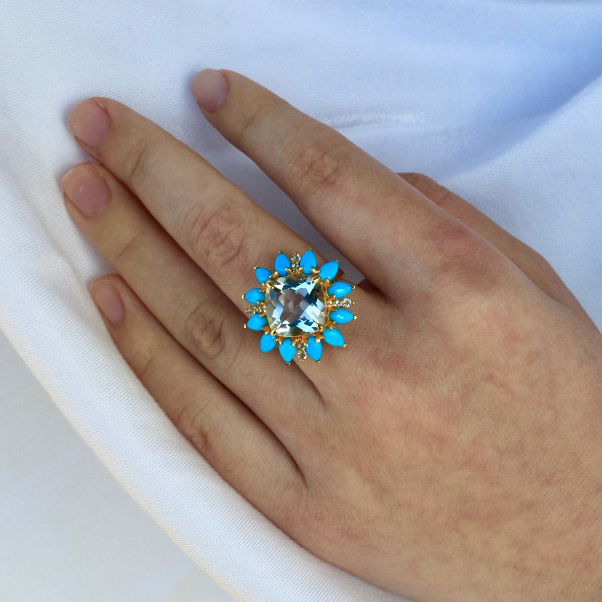 Prasiolite Turquoise Aquamarine Cocktail Ring