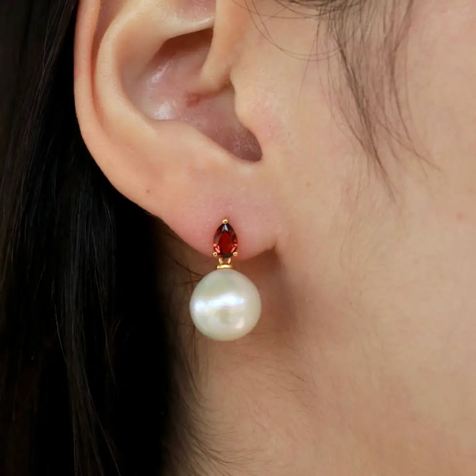 14k yellow gold Venus Tears Garnet 12-13mm Freshwater Round Pearl Convertible Drop Earrings