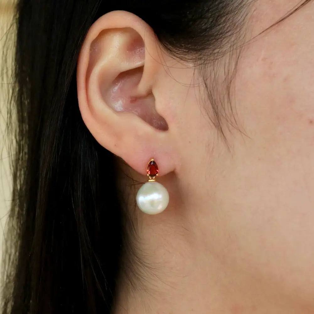 14k yellow gold Venus Tears Garnet 12-13mm Freshwater Round Pearl Convertible Drop Earrings