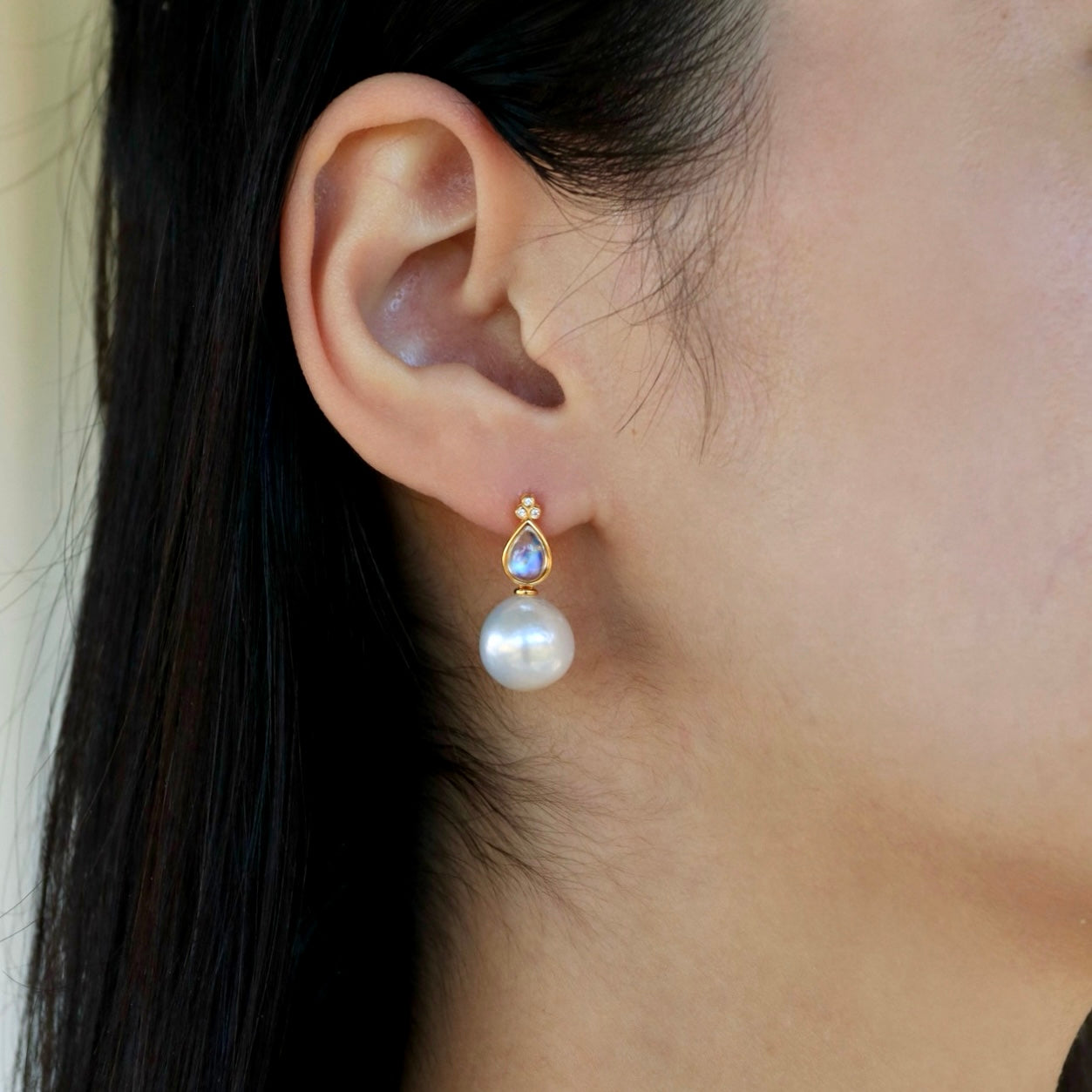 Ayla Pear-Shaped Moonstone Diamond Pearl Convertible Drop Earrings