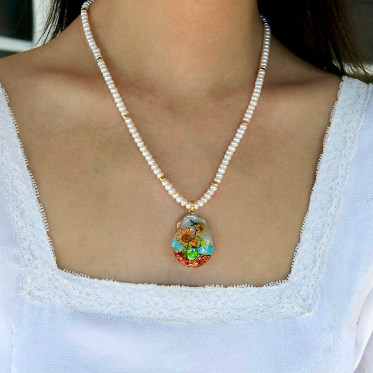 Pearl and Gold Bead Strand Necklace with Convertible Sunflower Hand-Painted Baroque Pearl