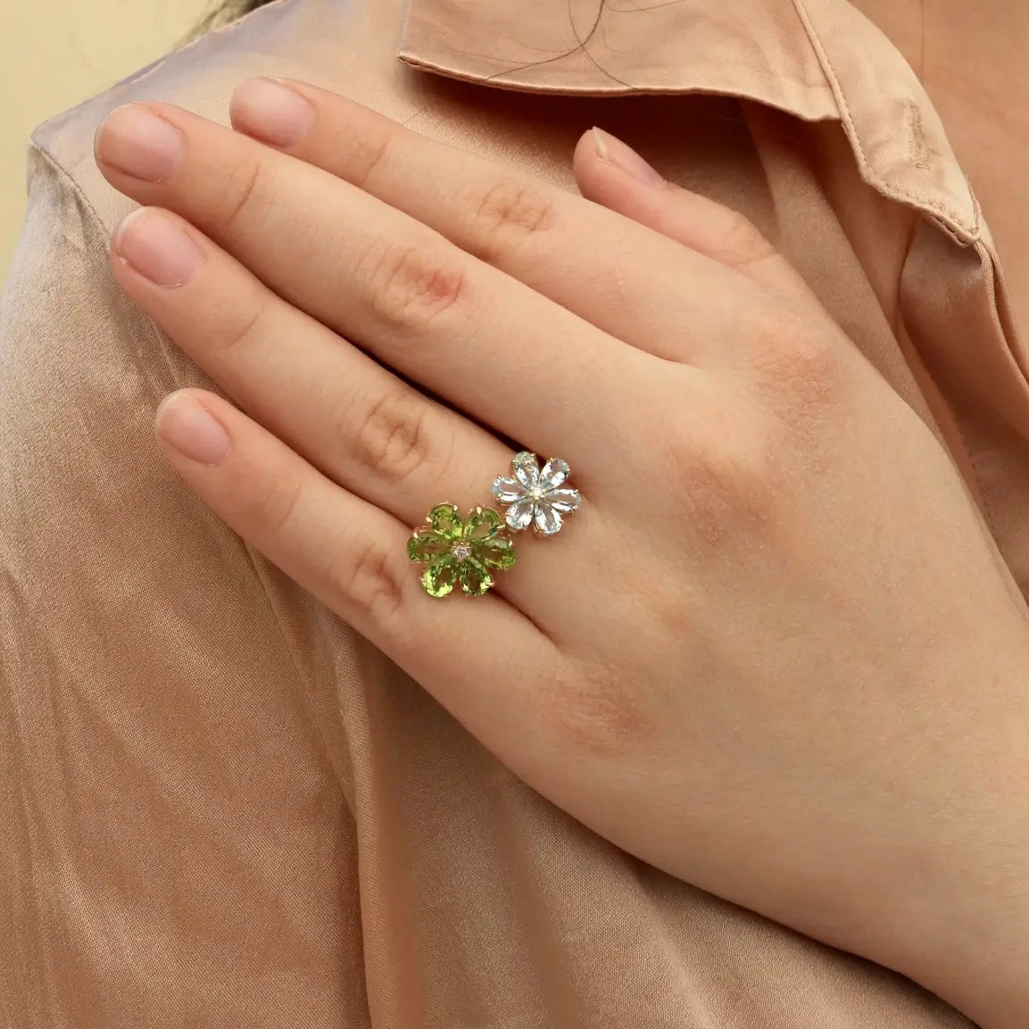 Flora Blossom Periot and Aquamarine Diamond Cocktail Ring