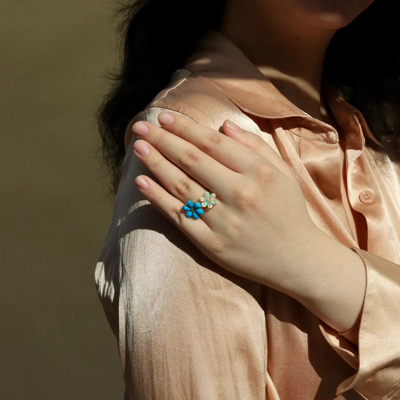 Flora Blossom Turquoise and Opal Diamond Cocktail Ring