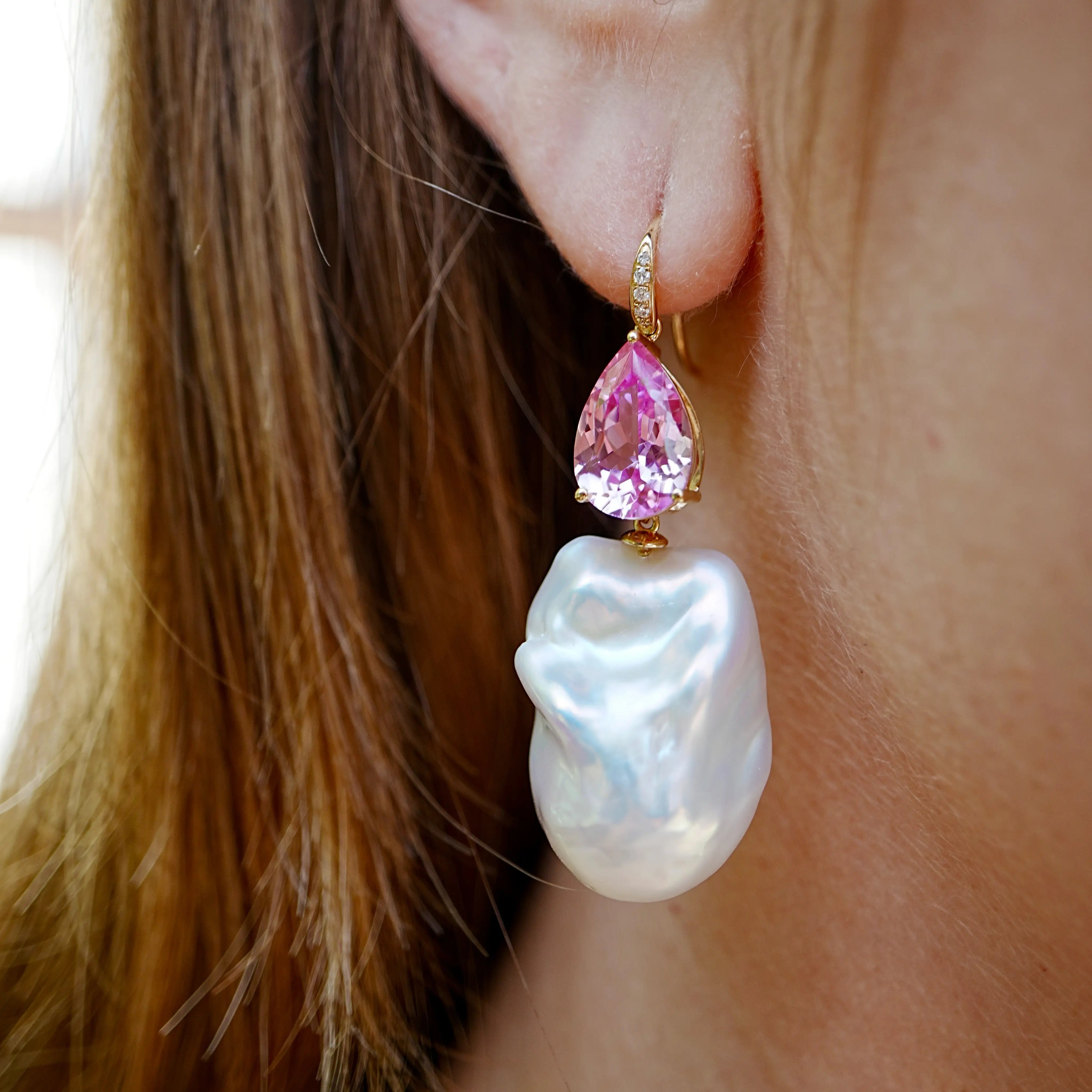 Radiant Pear 8.05ctw Lab-Grown Pink Sapphire & Diamond Baroque Pearls Drop Earrings 14k solid gold
