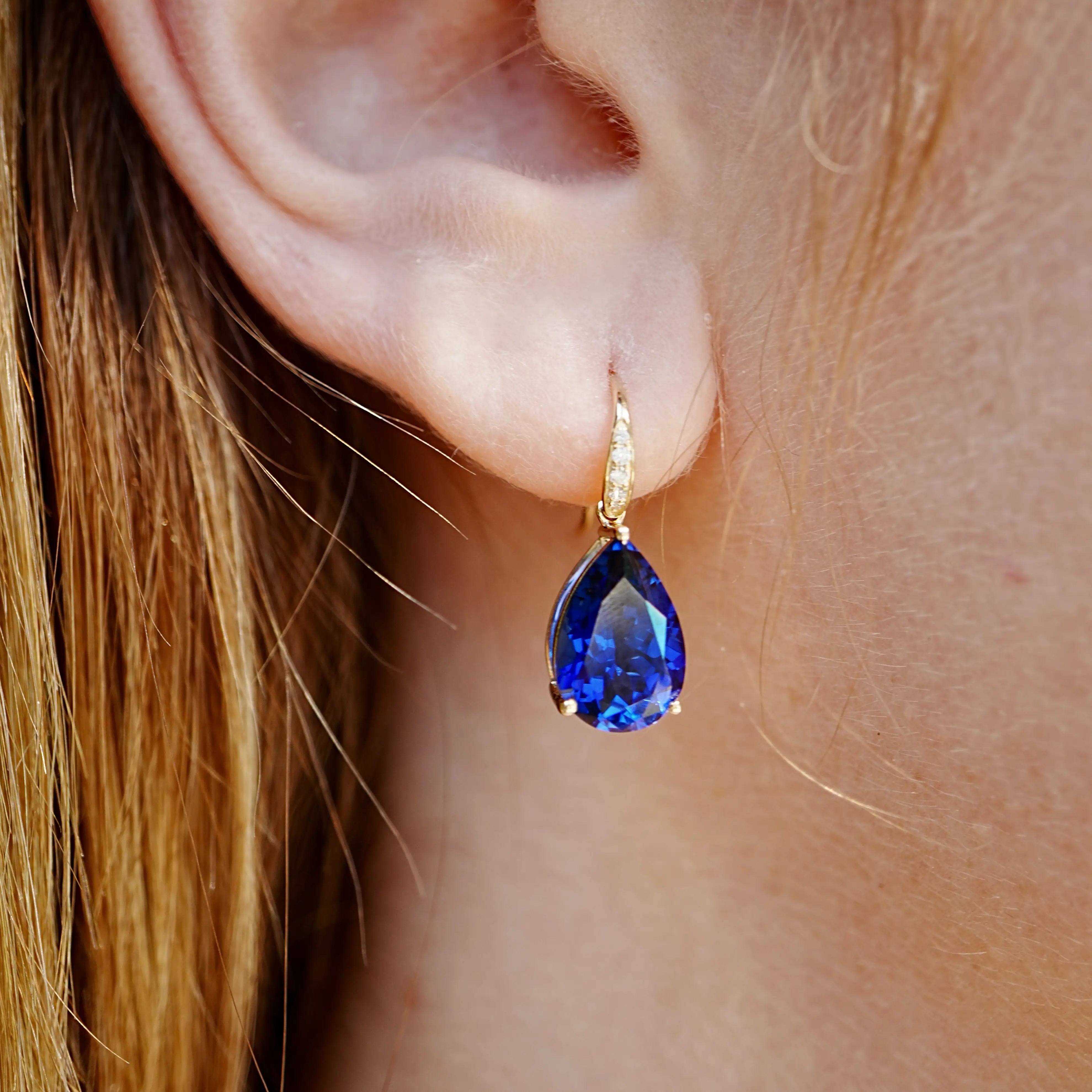 Radiant Pear 8.05ctw Lab-Grown Sapphrie & Diamond Drop Earrings in 14k gold