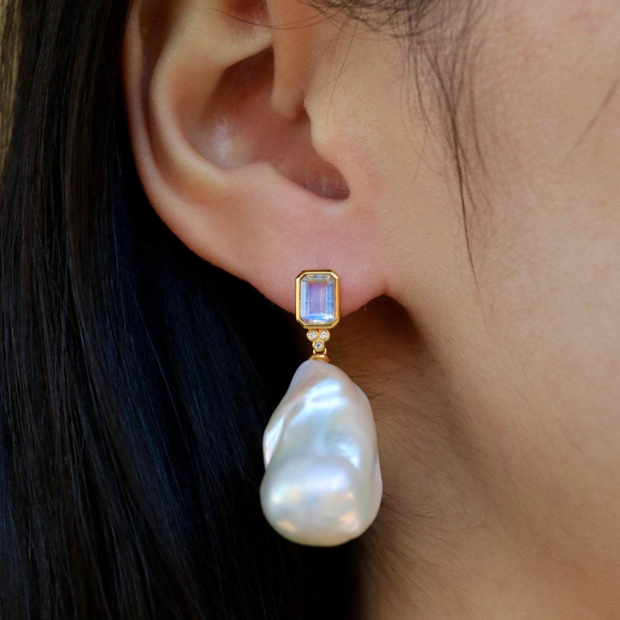 Ayla Emerald-Cut Moonstone Diamond Pearl Earrings