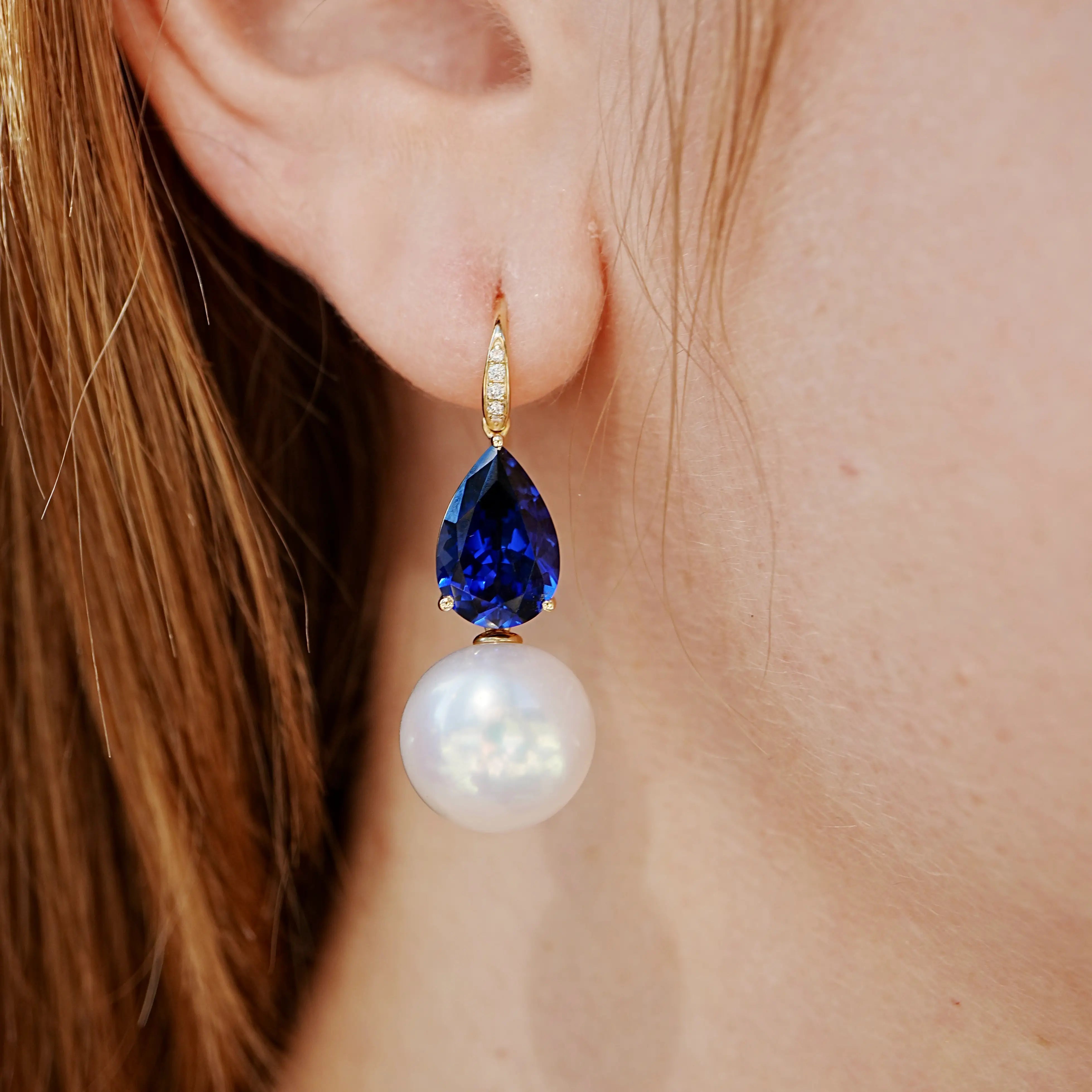 Radiant Pear 8.05ctw Lab-Grown Blue Sapphrie & Diamond Freshwater Pearls Convertible Drop Earrings in 14k gold