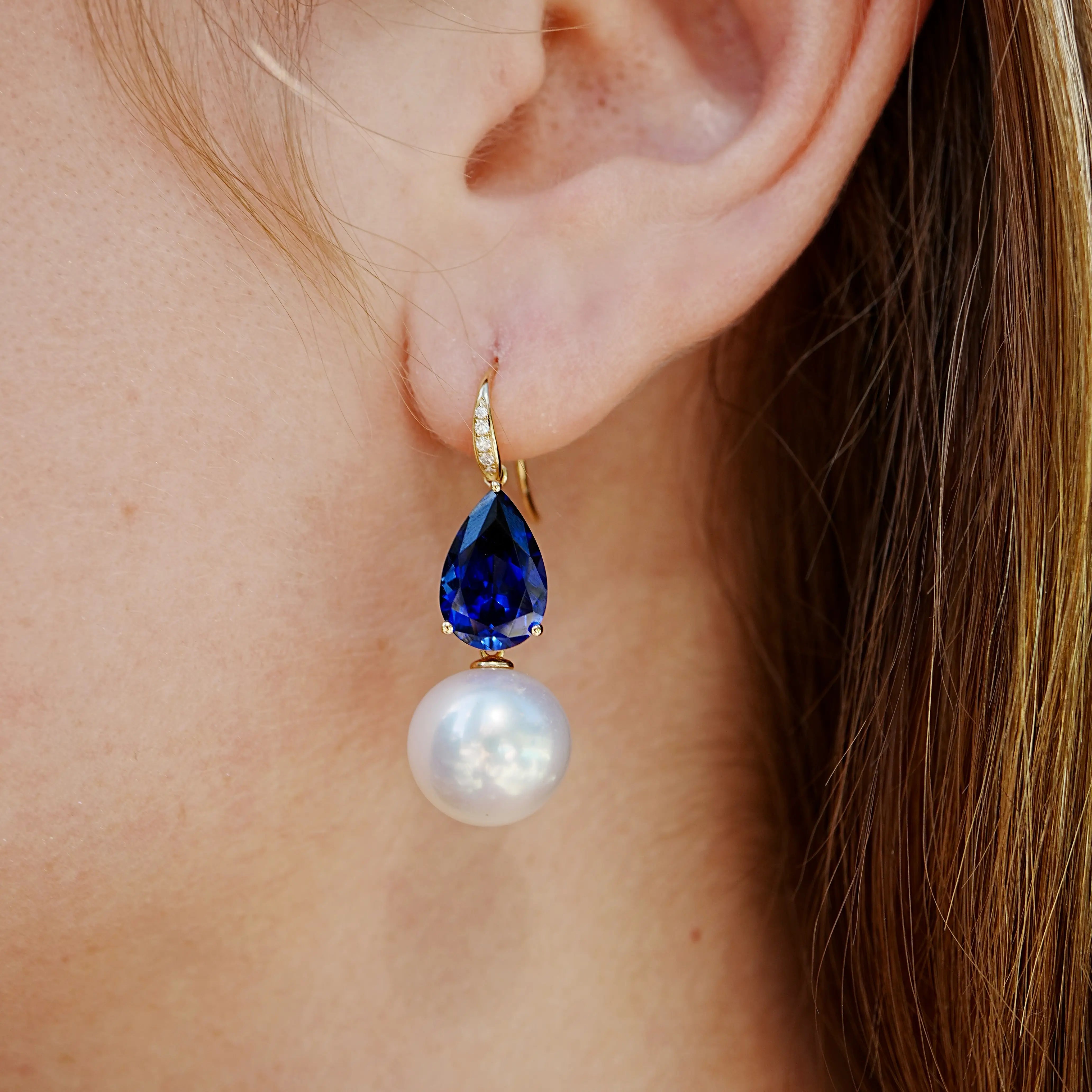 Radiant Pear 8.05ctw Lab-Grown Blue Sapphrie & Diamond Freshwater Pearls Convertible Drop Earrings in 14k gold