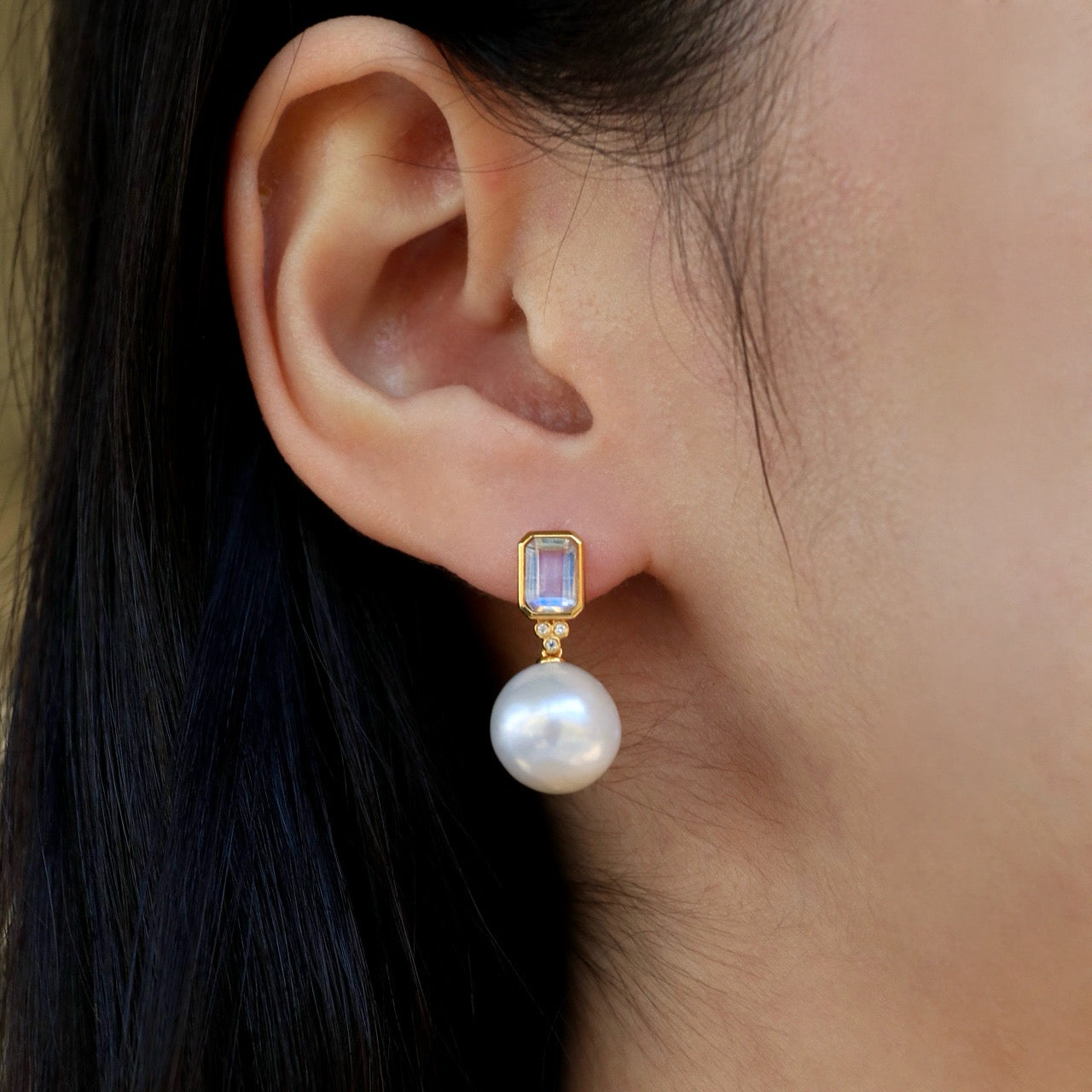 Ayla Emerald-Cut Moonstone Diamond Pearl Convertible Drop Earrings