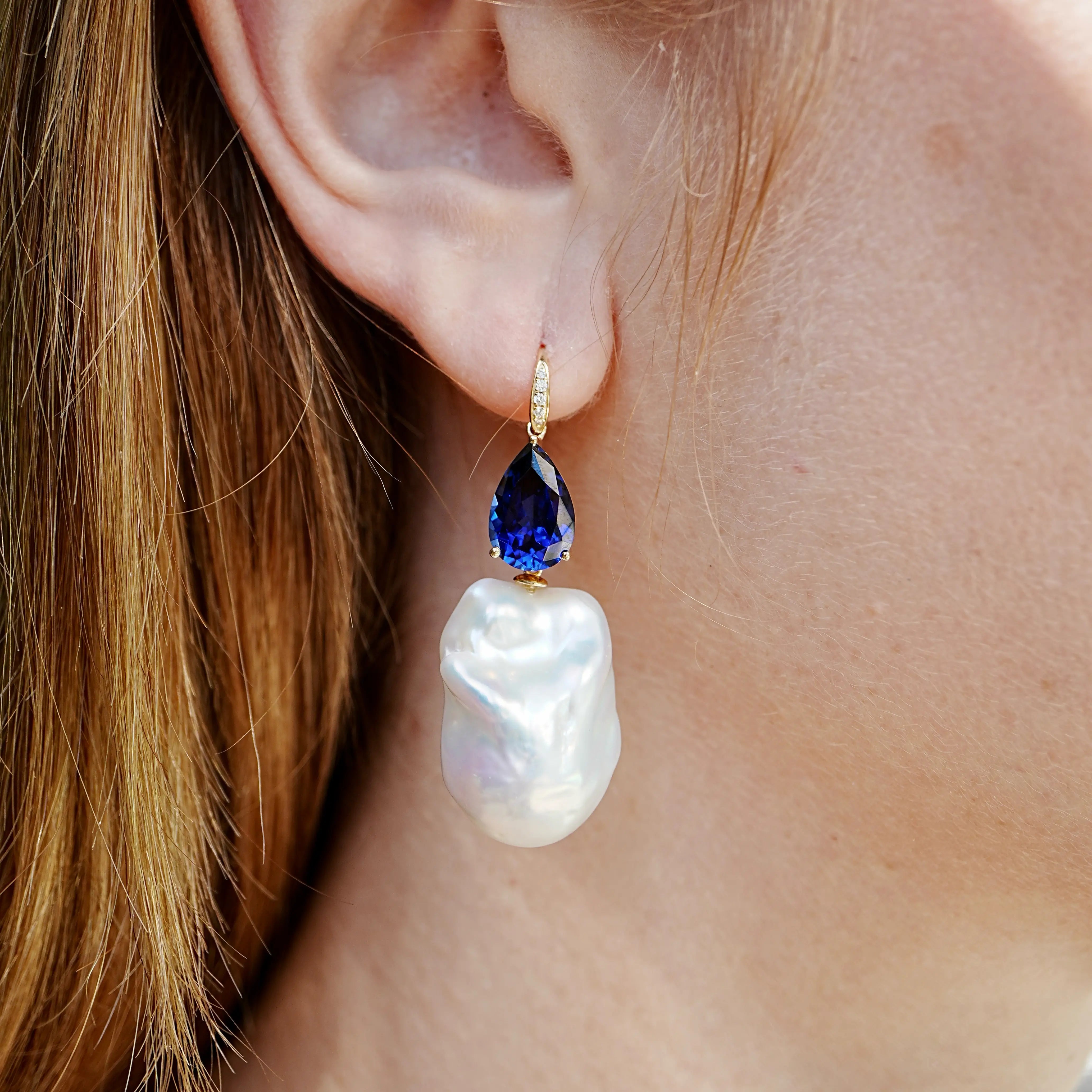 Radiant Pear 8.05ctw Lab-Grown Sapphrie & Diamond baroque pearl convertible Drop Earrings in 14k gold