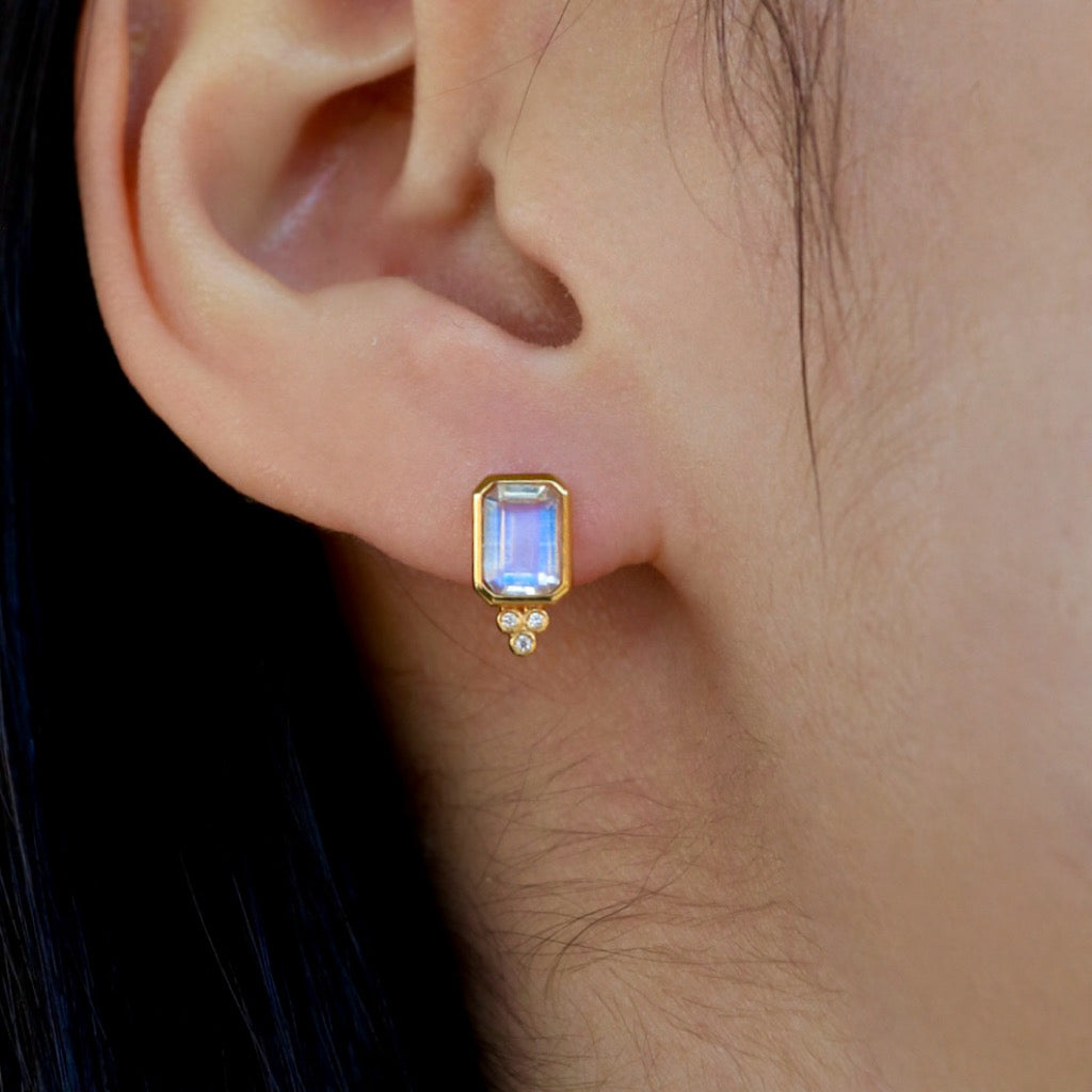 Ayla Emerald-Cut Moonstone Diamond Pearl Convertible Drop Earrings
