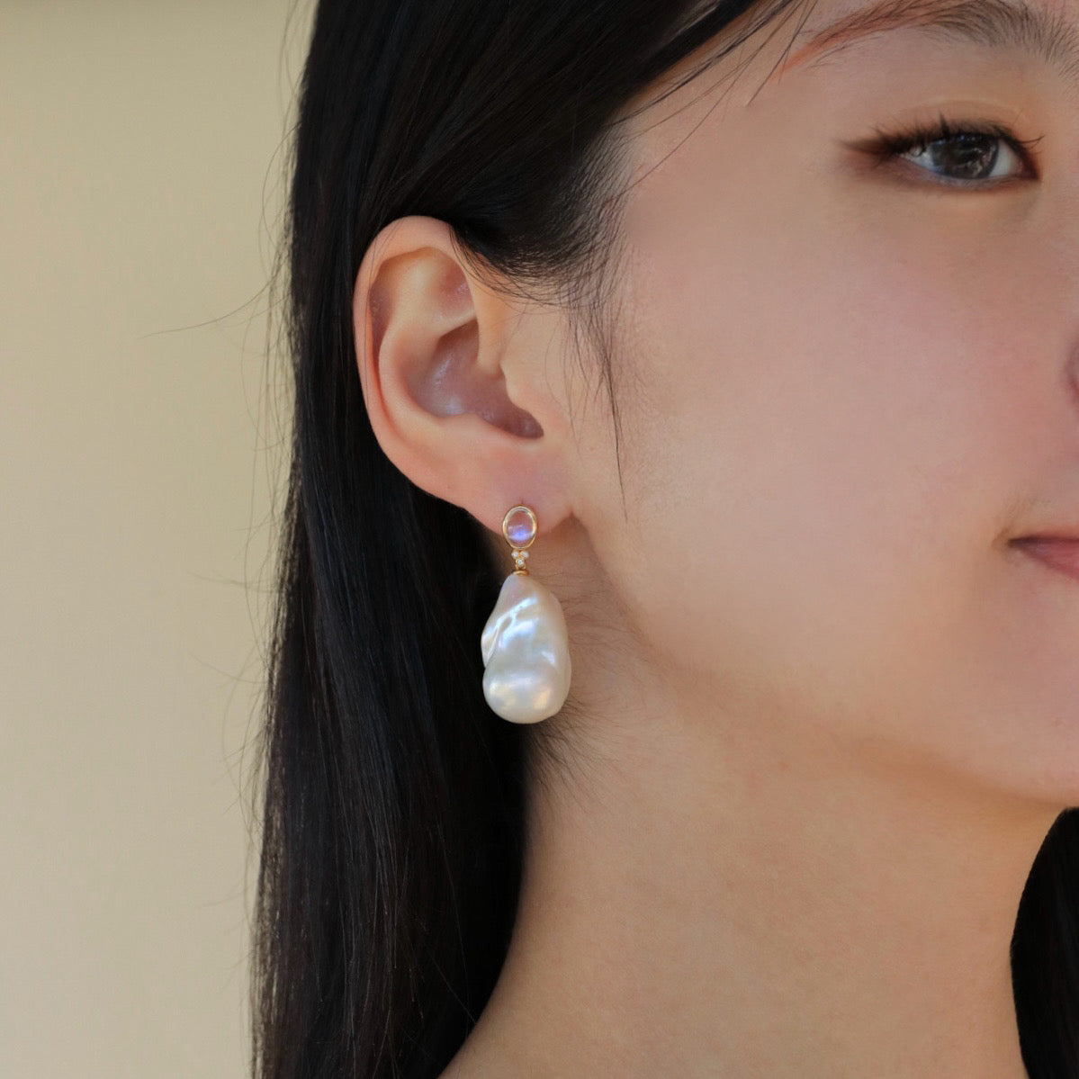 Ayla Oval Moonstone Diamond Baroque Pearl Convertible Drop Earrings