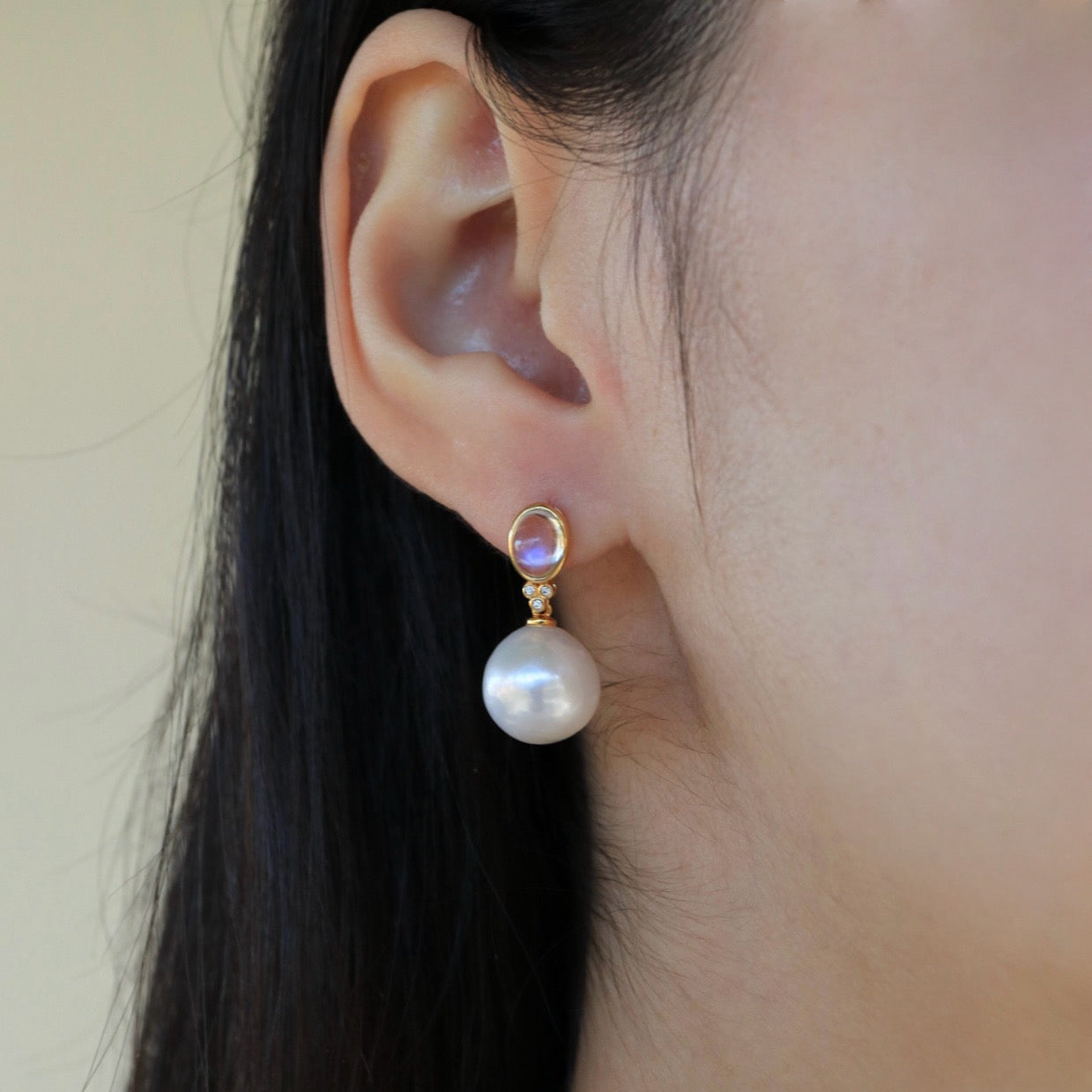 Ayla Oval Moonstone Diamond Pearl Convertible Drop Earrings