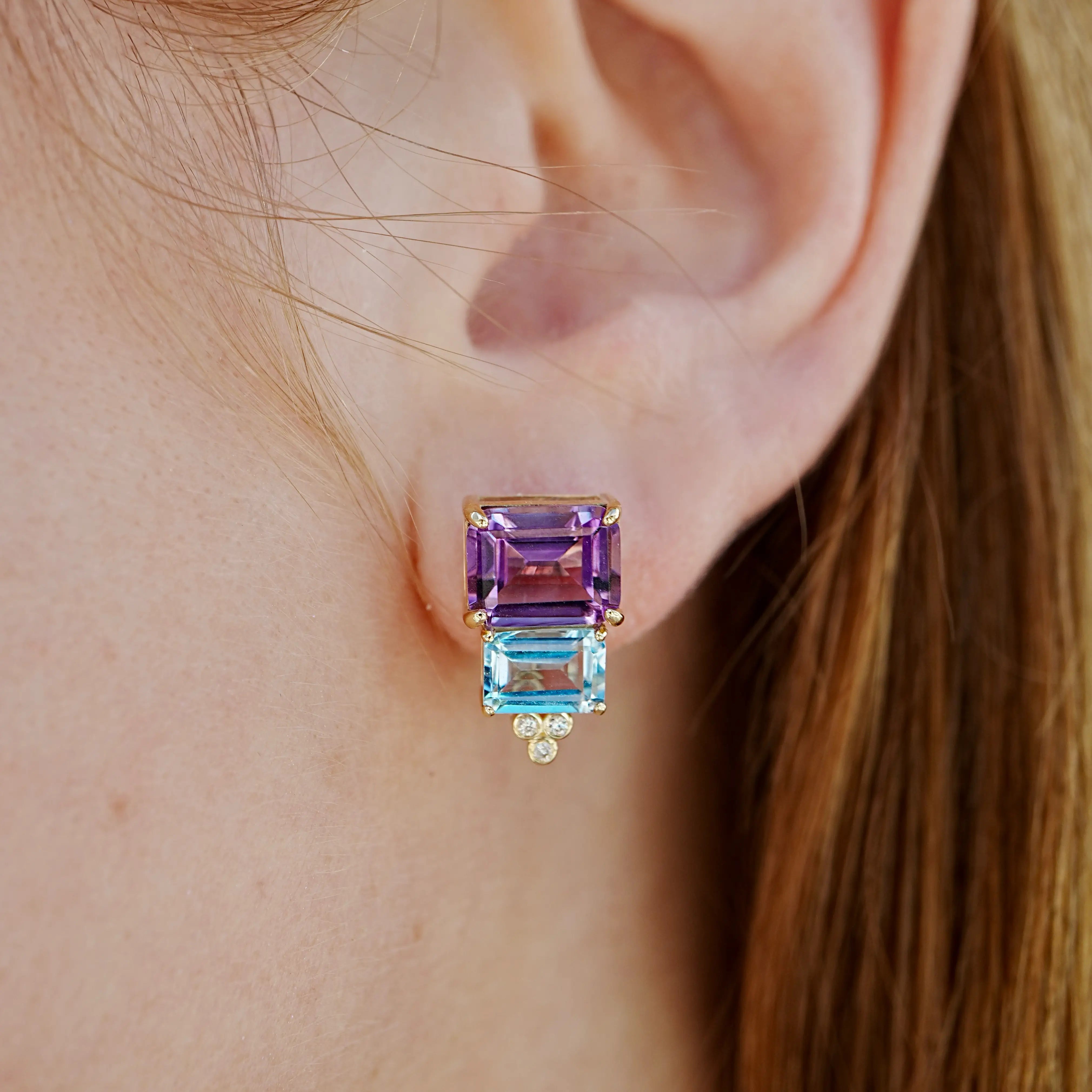 Fortune Natural Amethyst Topaz Peridot Citrine Diamond Earrings in 14k yellow gold