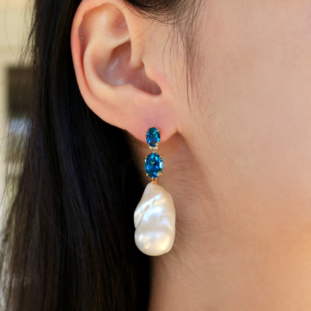Divina Oval Topaz Diamond Baroque Pearl Convertible Drop Earrings