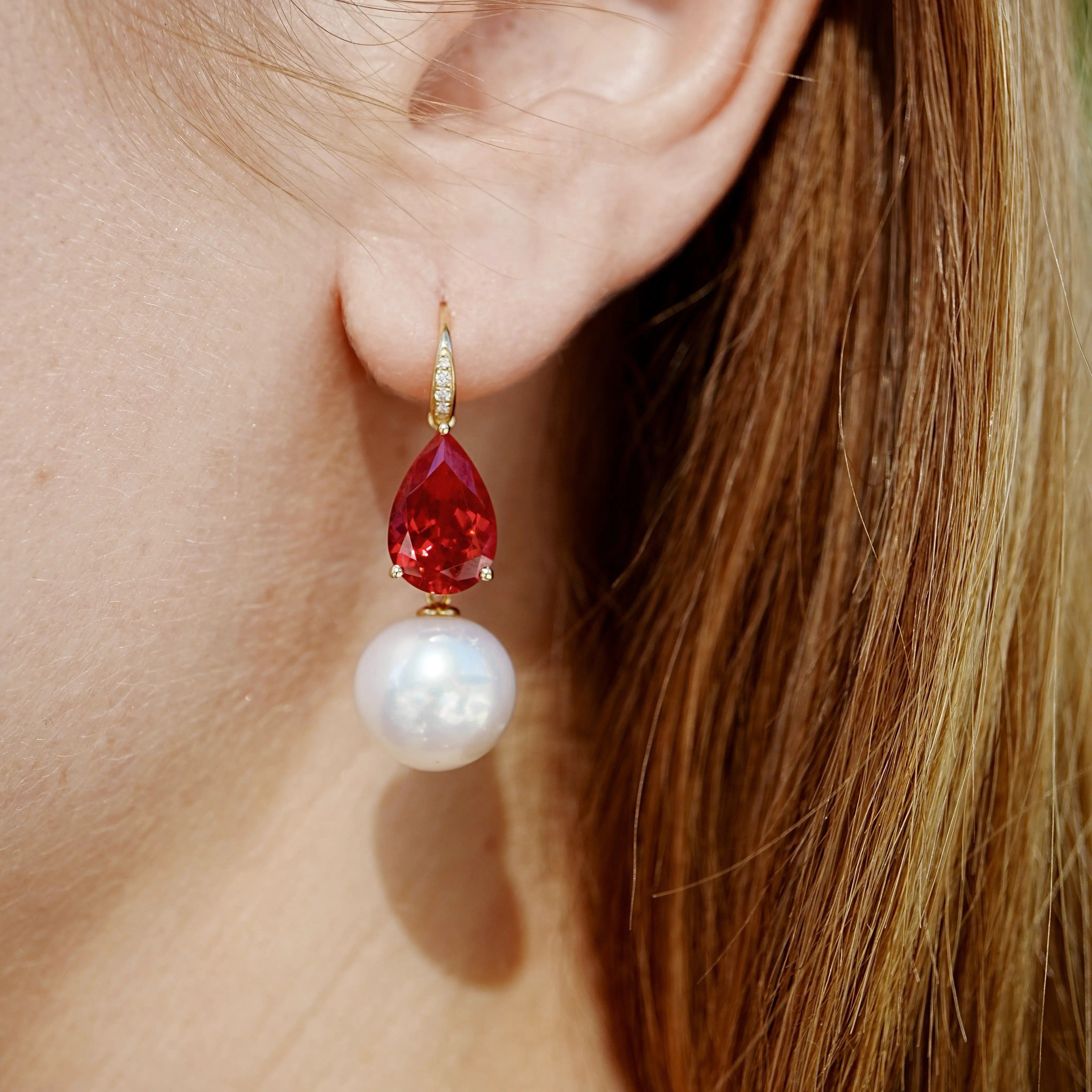 Radiant Pear 7.45ctw Lab-Grown Ruby Diamond Cultured Round Pearls Drop Earrings 14k gold