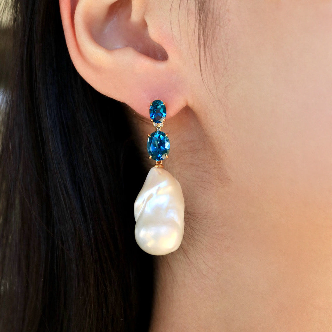 Divina Oval Topaz Diamond Baroque Pearl Drop Earrings