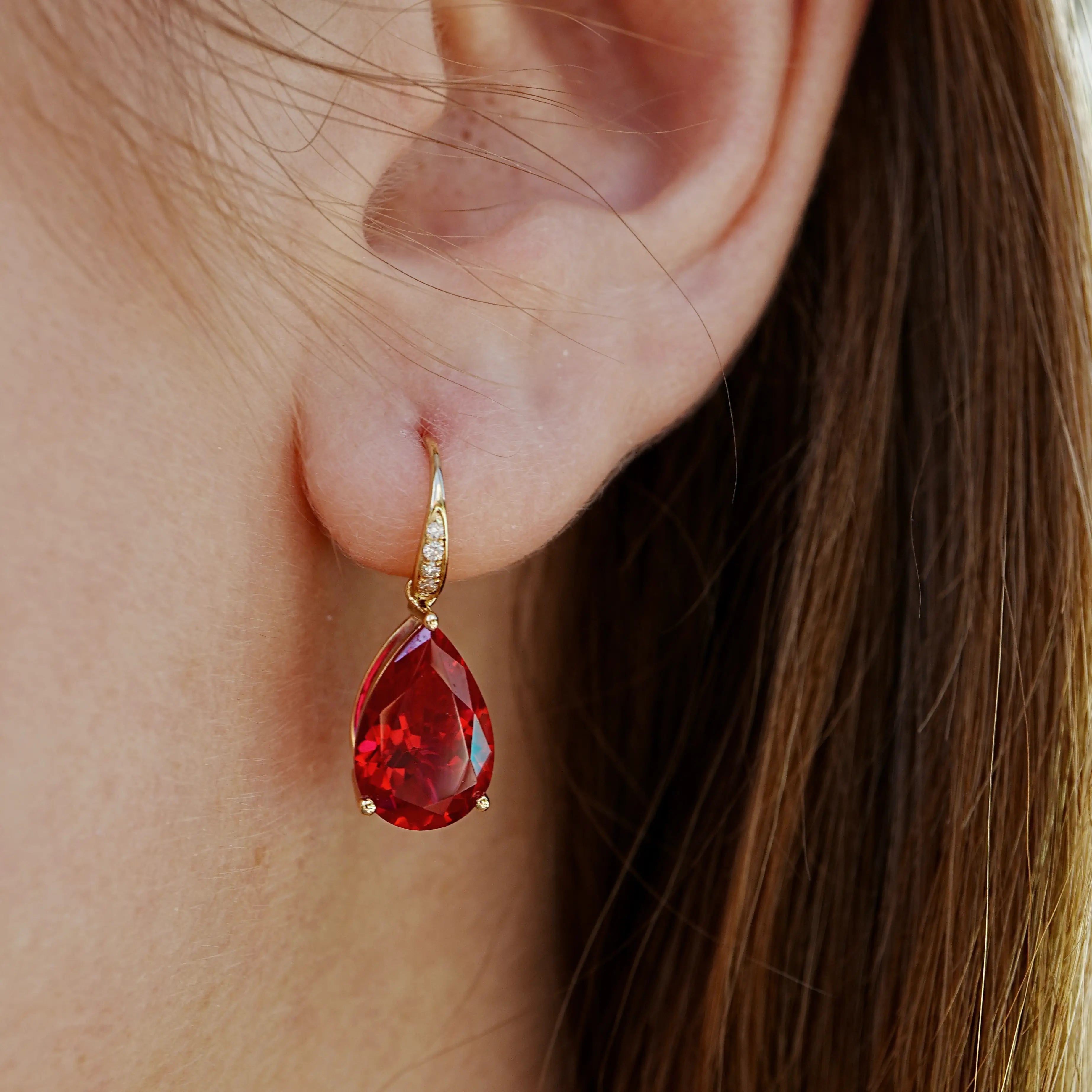 Radiant Pear 7.45ctw Lab-Grown Ruby Diamond Drop Earrings 14k gold